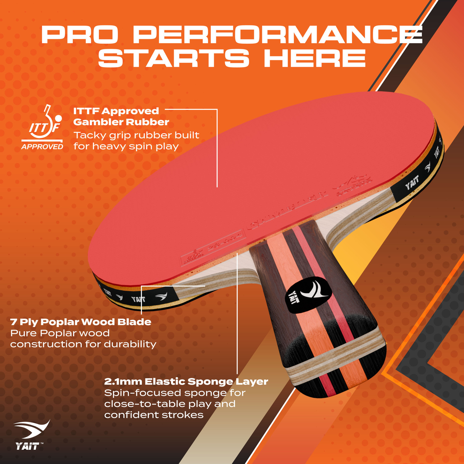 Image of Yait Sports Rally Pro ITTF Approved TT Set | 2 Rackets, 4 ABS Balls |7 Ply |High Spin Rubber Multicolor Table Tennis Racquet (Pack of: 2, 199 g)