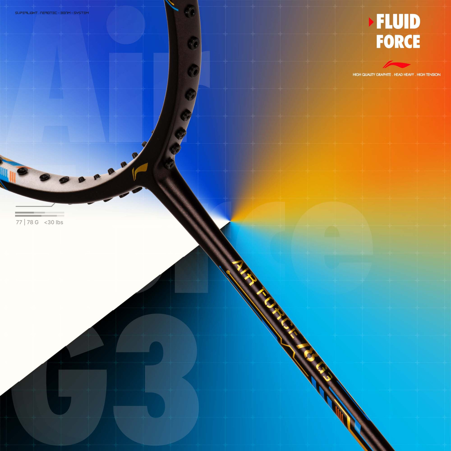 Image of LI-NING Air - Force 78 G3 Black, White, Orange Unstrung Badminton Racquet