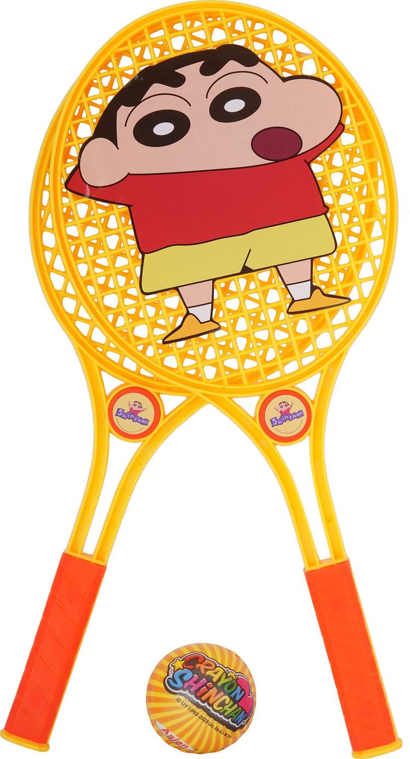 asian Shinchan Wisdom Racquet Set Plastic for Indoor & Outdoor Play for Kids Yellow Strung Badminton Racquet