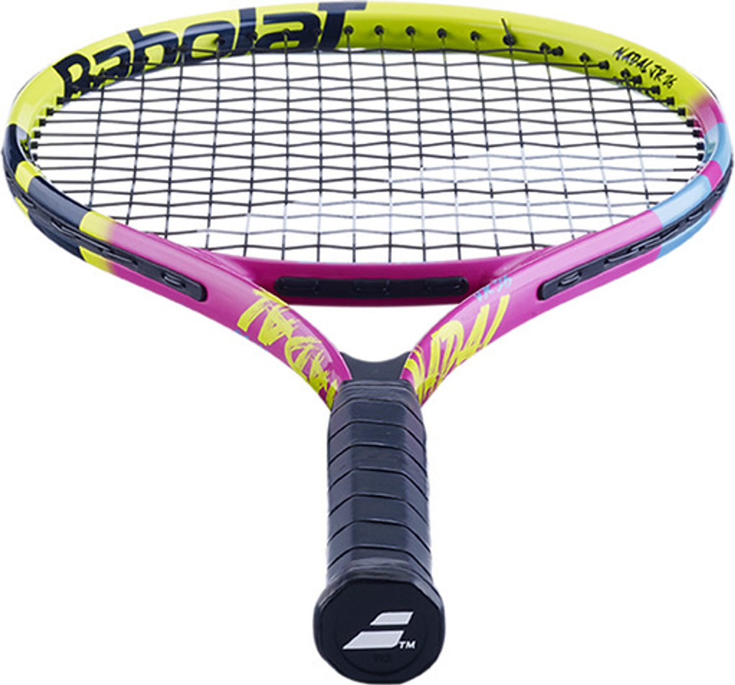 Image of BABOLAT NADAL JUNIOR 26 Tennis Racquet Yellow, Pink, Blue Strung Tennis Racquet