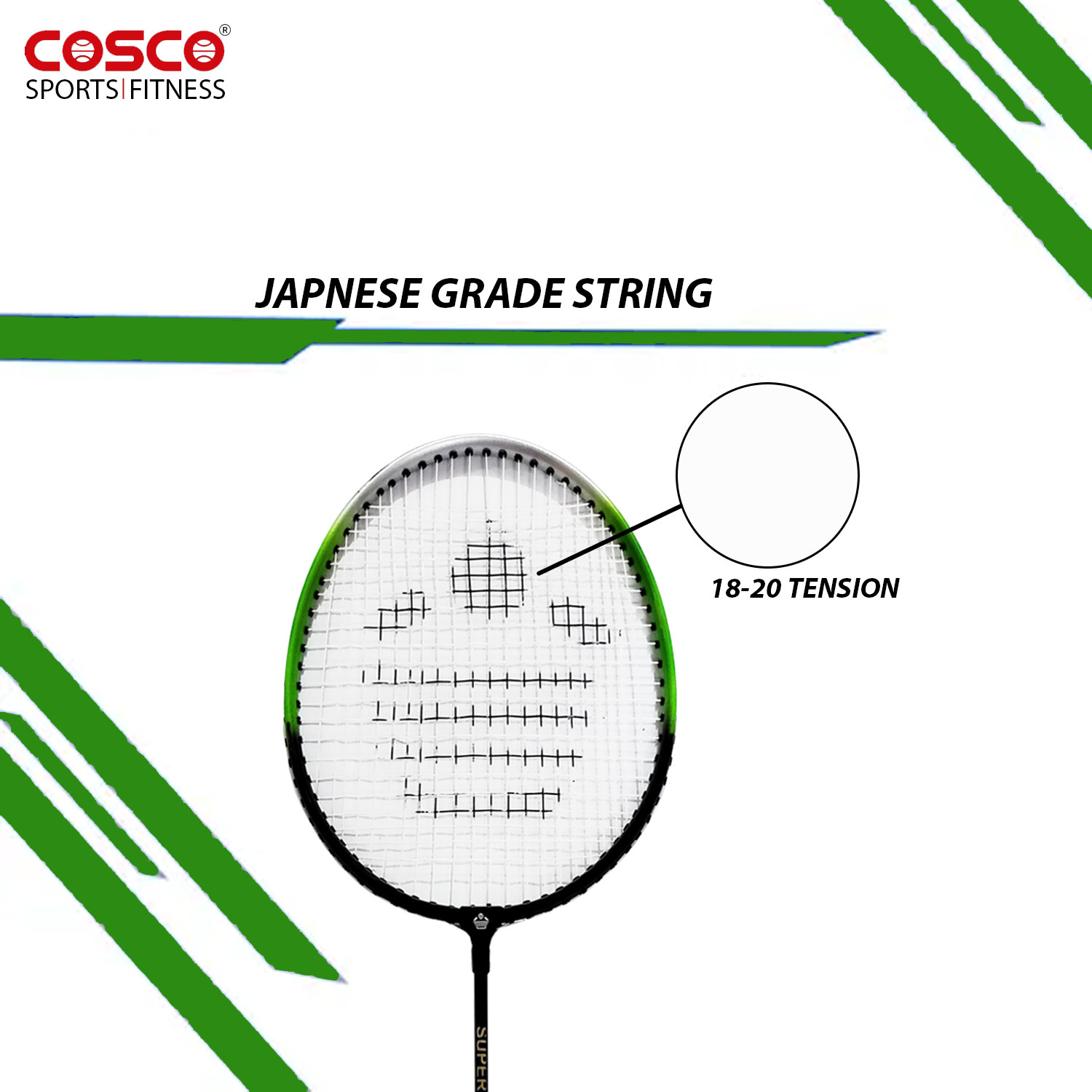 Image of COSCO cb-885 racket, aluminium, G5 PU Grip, 18-20 lbs, 95 gms, wide body, 66 cm height Green, Yellow Strung Badminton Racquet