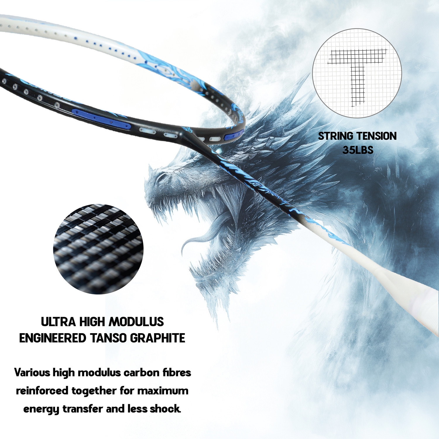 Image of Tanso Black Ice Full Graphite 35 lbs Ultra Light Weight Carbon Fibre Multicolor Strung Badminton Racquet