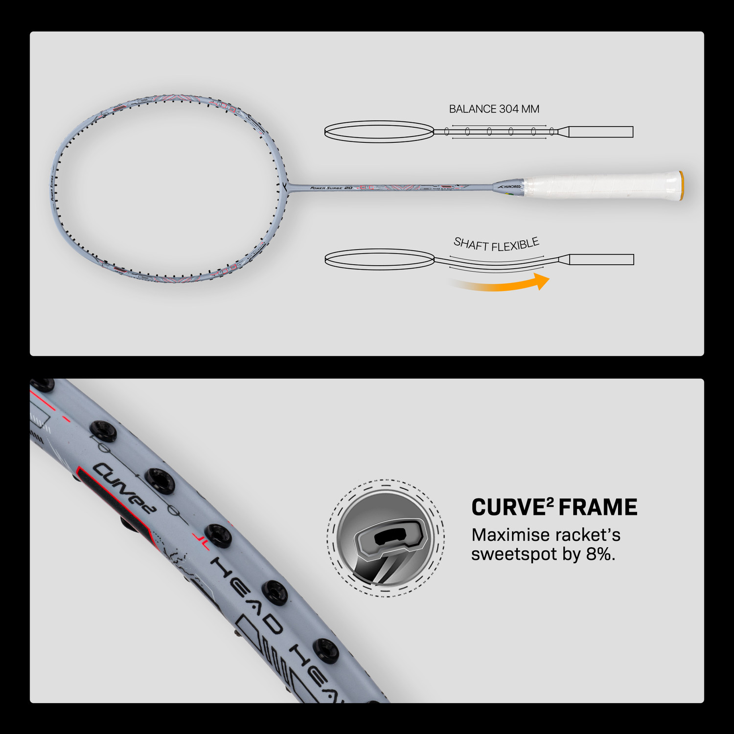 Image of Hundred Power Surge 20 Grey Strung Badminton Racquet