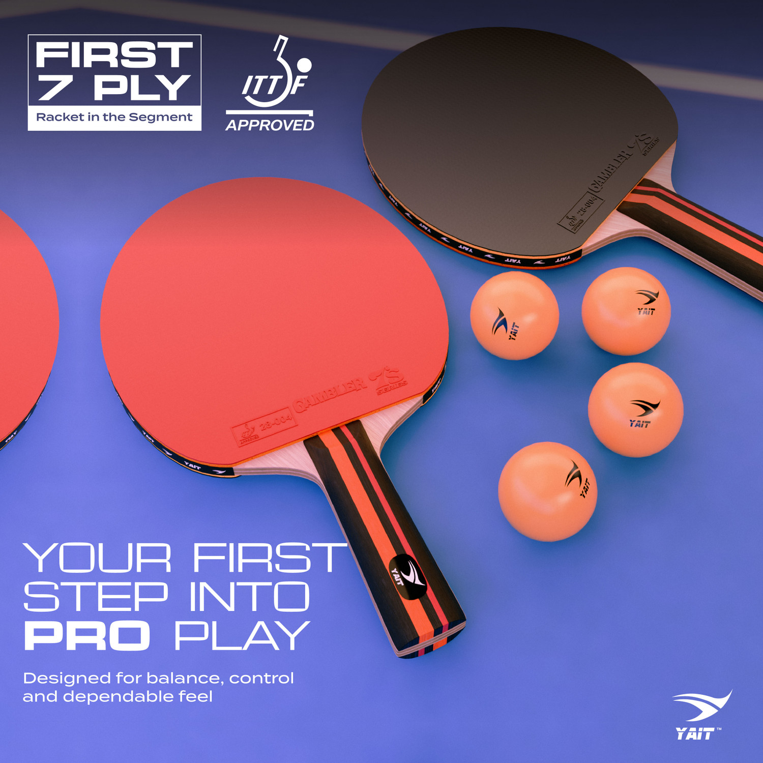 Image of Yait Sports Rally Pro ITTF Approved TT Set | 2 Rackets, 4 ABS Balls |7 Ply |High Spin Rubber Multicolor Table Tennis Racquet (Pack of: 2, 199 g)