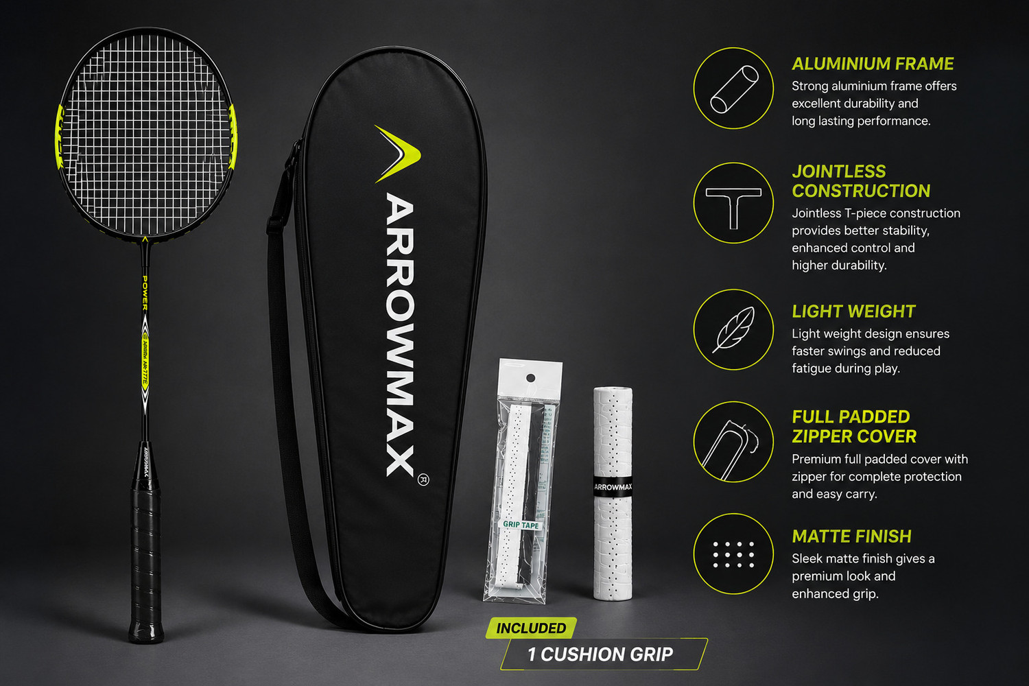 Image of ArrowMax Jointless Badminton Racket Light Weight Aluminium Black, Green Strung Badminton Racquet (Pack of: 1, 84 g)