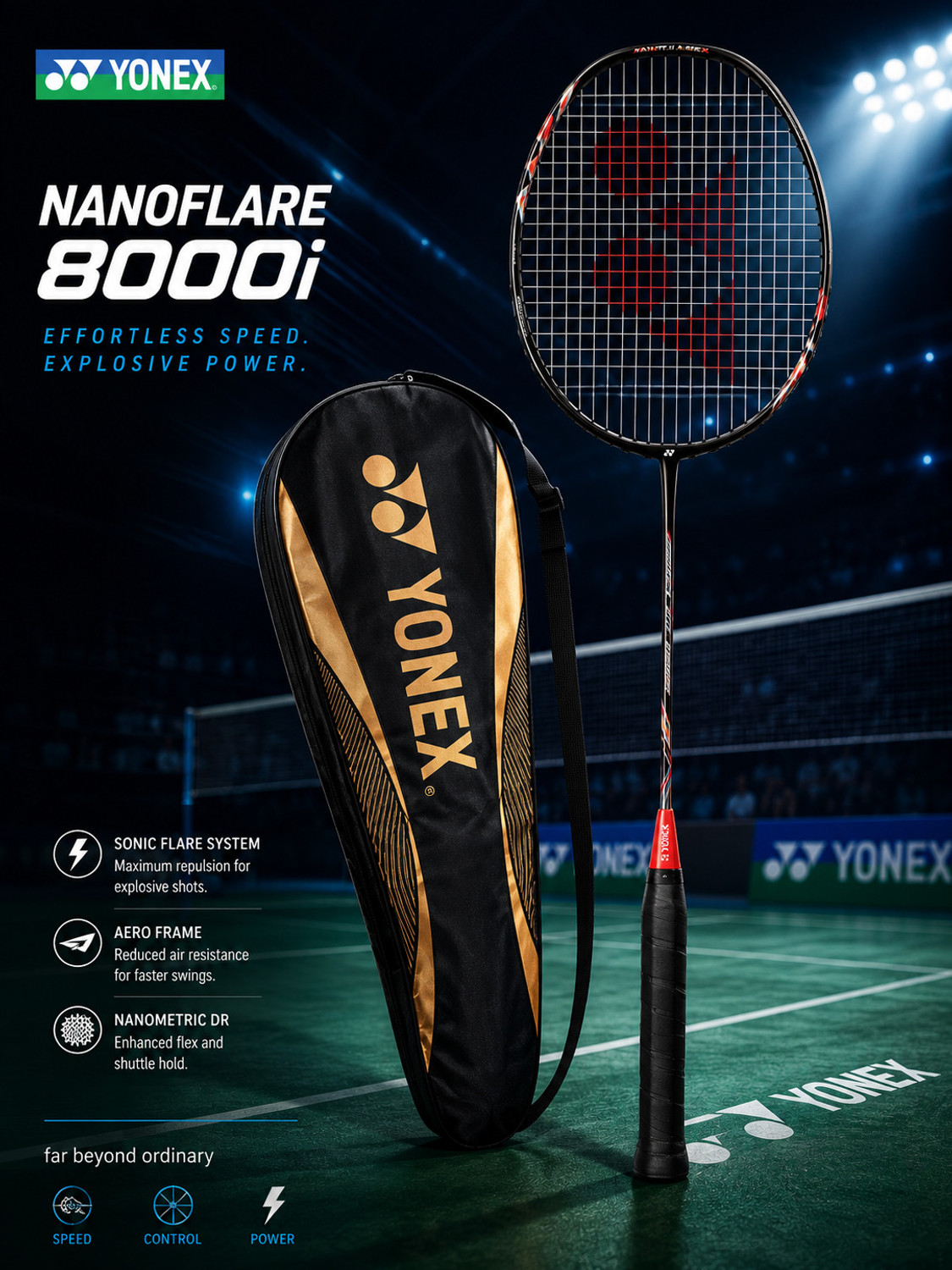 Image of YONEX NANOFLARE 8000i Black, Red Strung Badminton Racquet