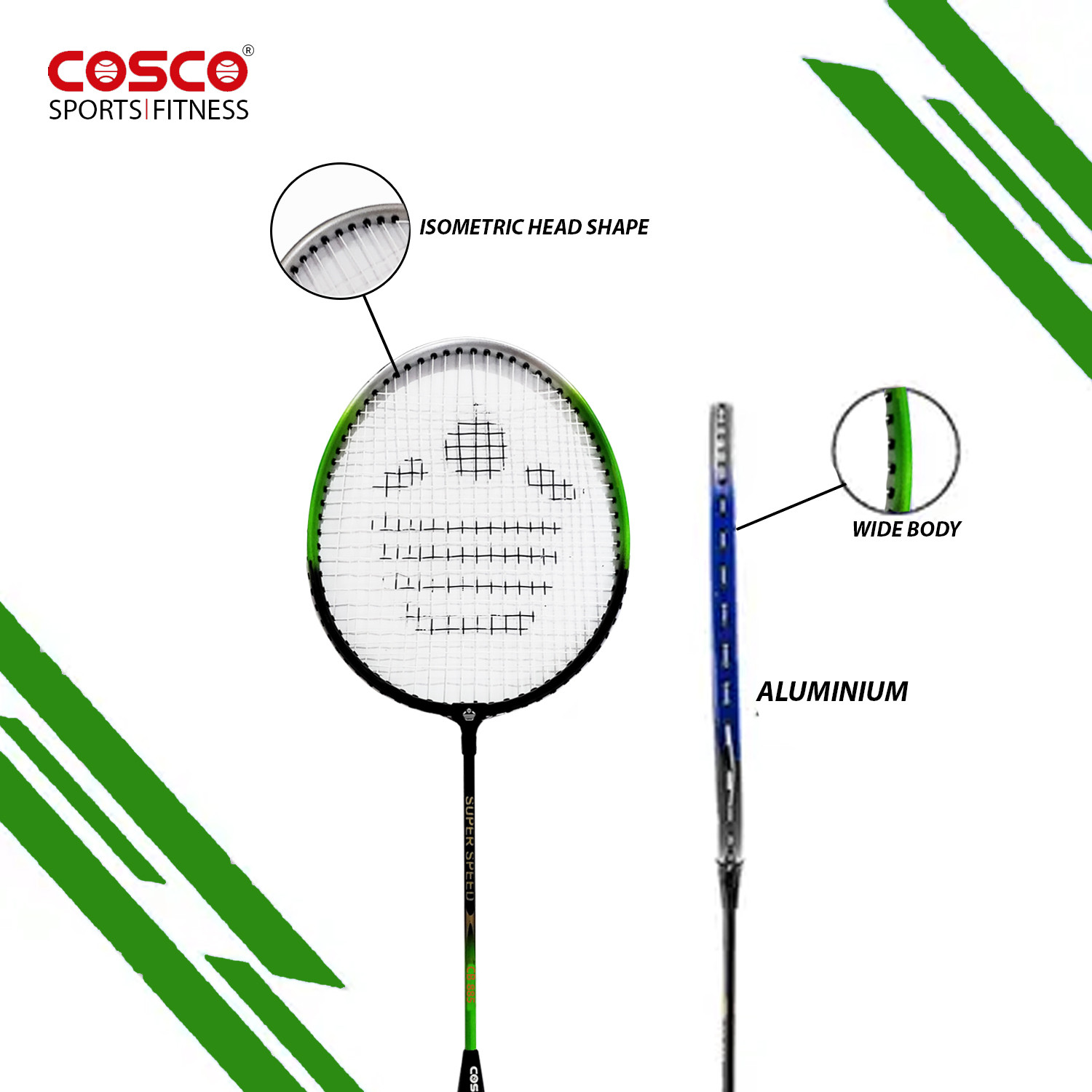 Image of COSCO cb-885 racket, aluminium, G5 PU Grip, 18-20 lbs, 95 gms, wide body, 66 cm height Green, Yellow Strung Badminton Racquet
