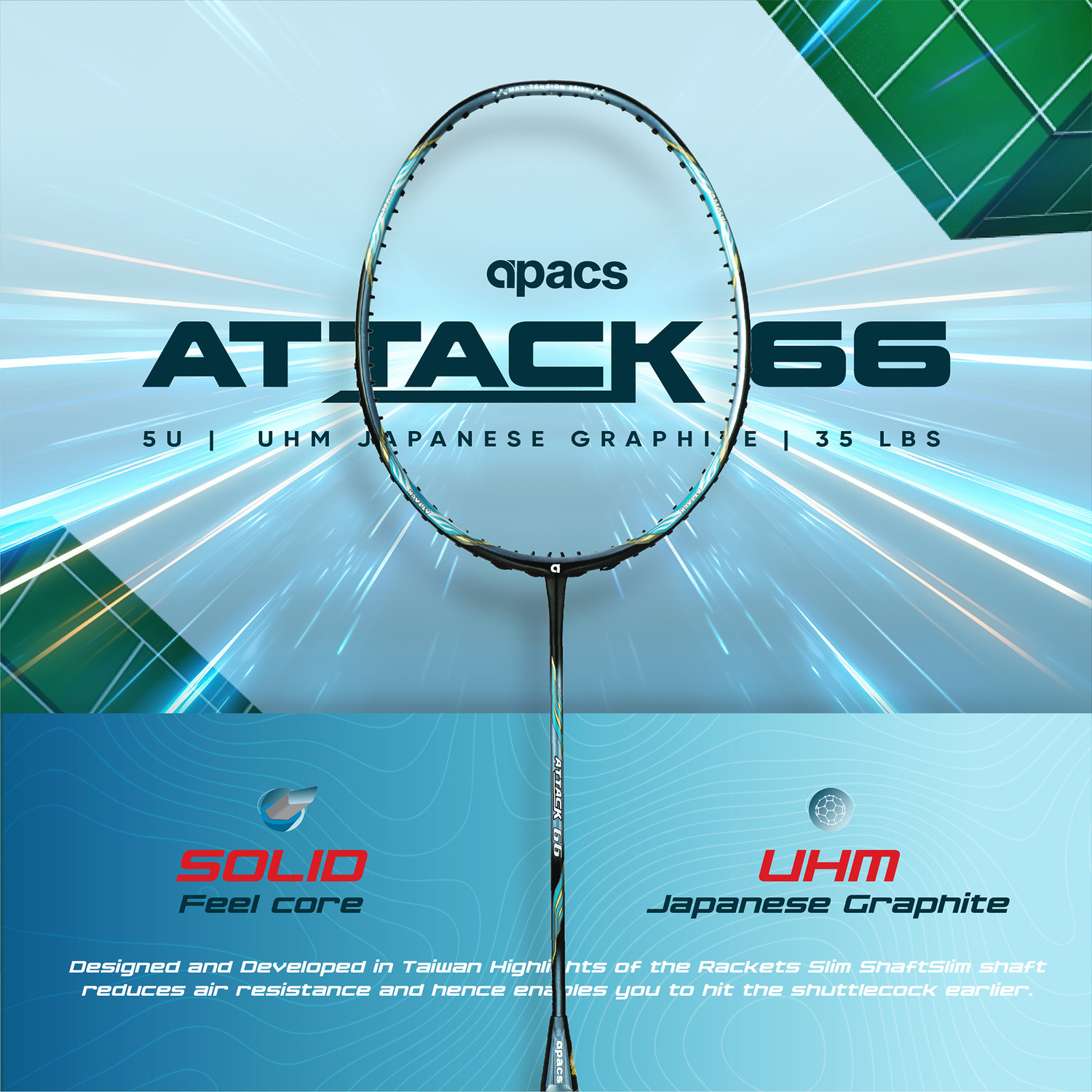 Image of apacs ATTACK 66 (35LBS, 100% UHM GRAPHITE) Blue Unstrung Badminton Racquet