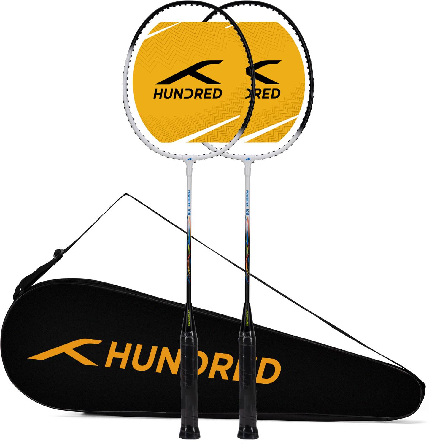Hundred POWERTEK 100 White Black Strung Badminton Racquet 2 Pack
