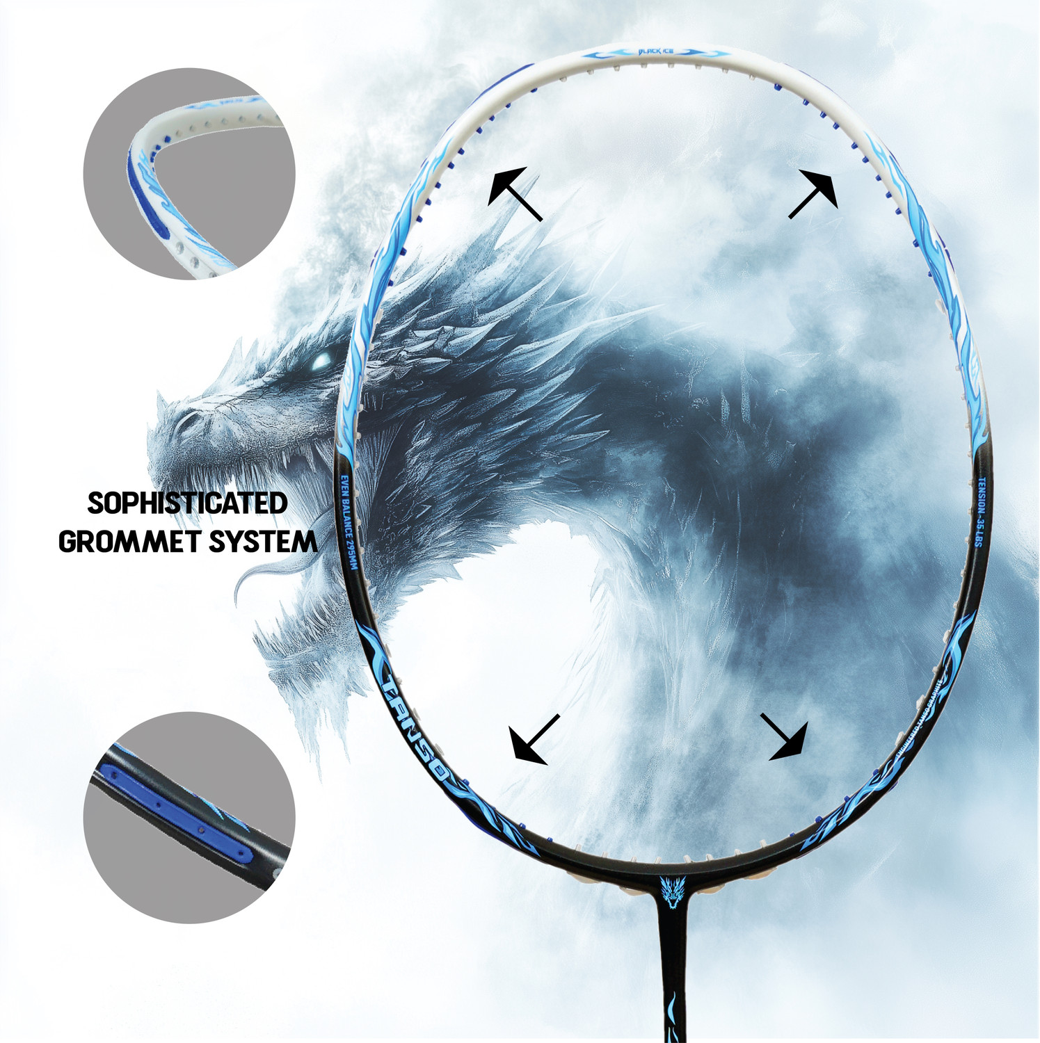 Image of Tanso Black Ice Full Graphite 35 lbs Ultra Light Weight Carbon Fibre Multicolor Strung Badminton Racquet