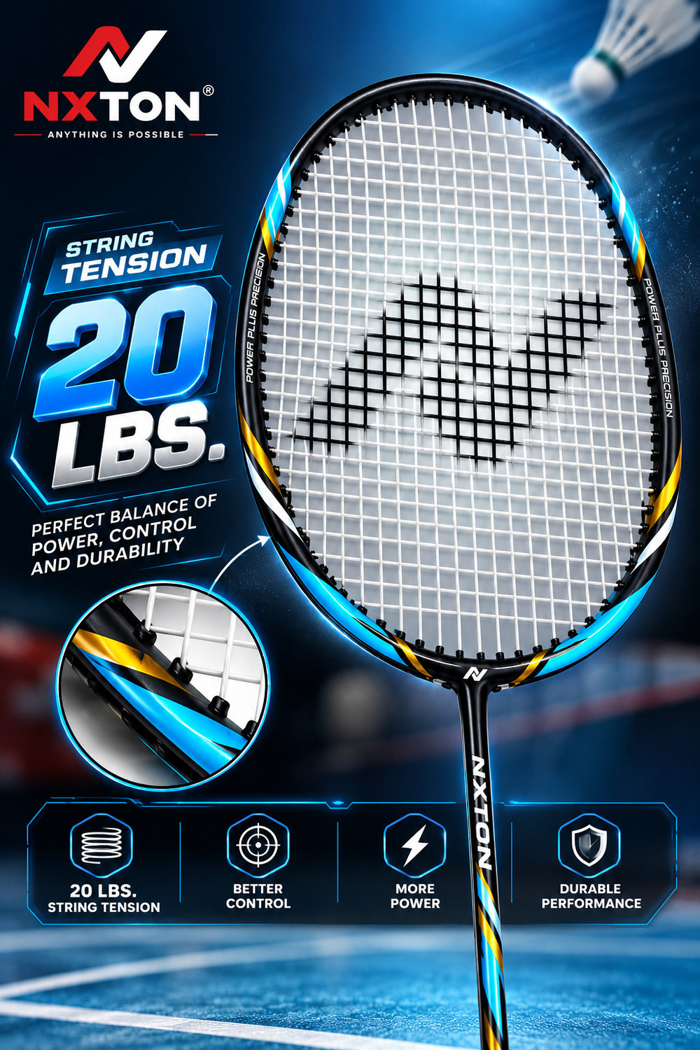 Image of NXTON ASTRA X9 Composite Material Blue, Gold Strung Badminton Racquet