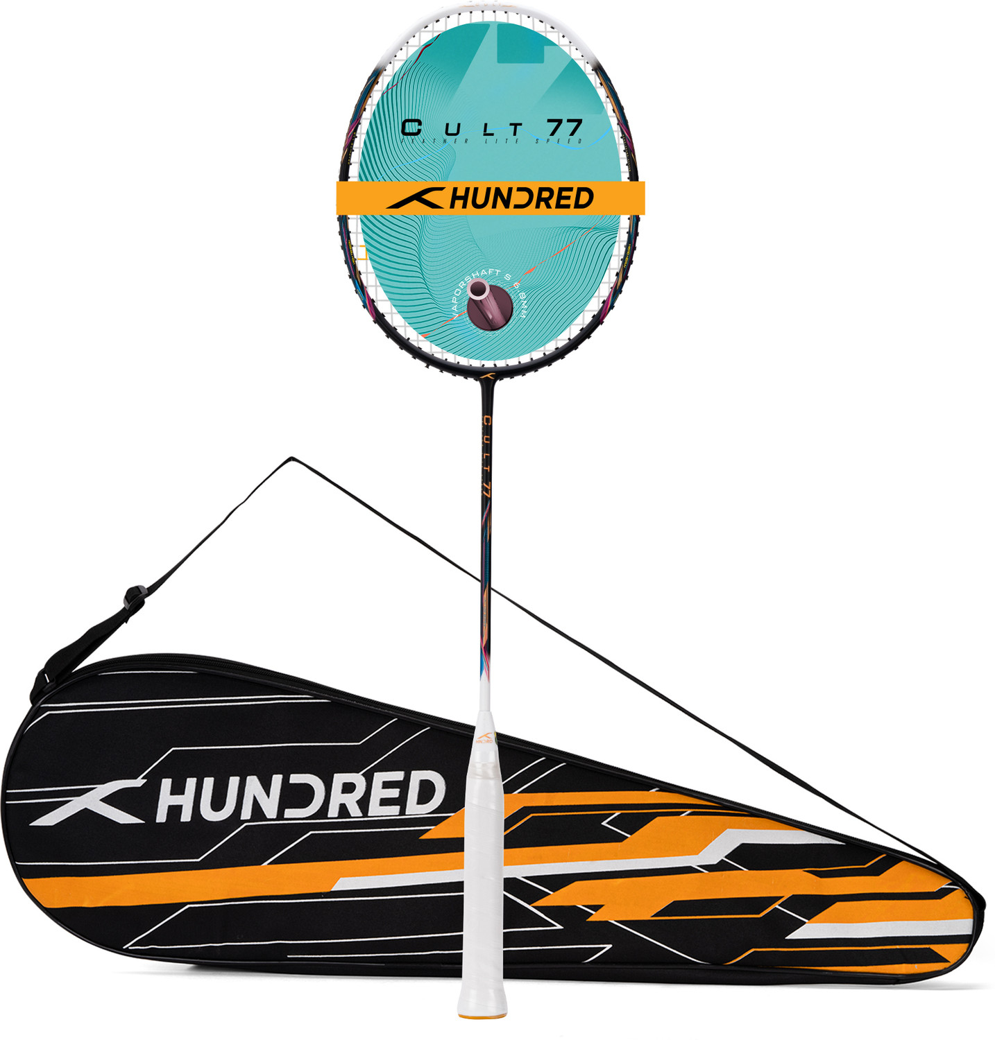 Image of Hundred Cult 77 Featherlite Swings White, Black Strung Badminton Racquet