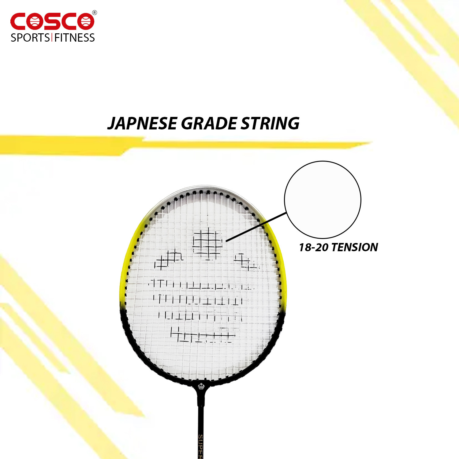 Image of COSCO cb-885 racket, aluminium, G5 PU Grip, 18-20 lbs, 95 gms, wide body, 66 cm height Green, Yellow Strung Badminton Racquet