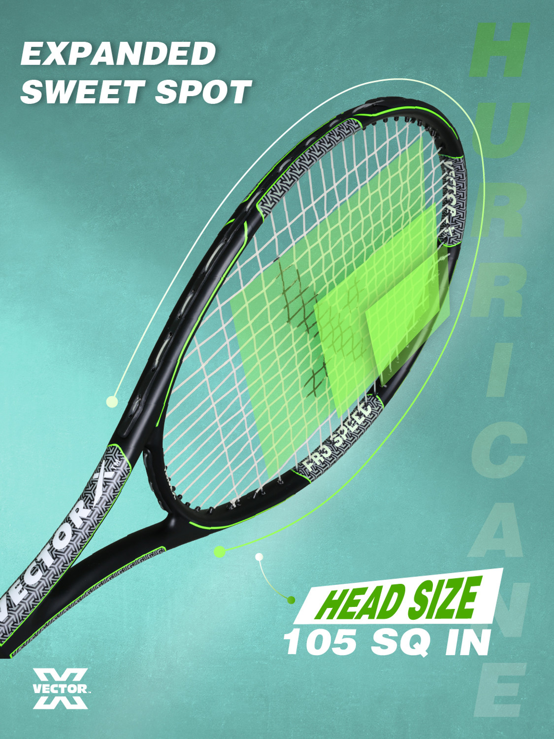 Image of VECTOR X Hurricane High Performance Full Cover Composite Tennis Racquet for Sports Green Strung Tennis Racquet
