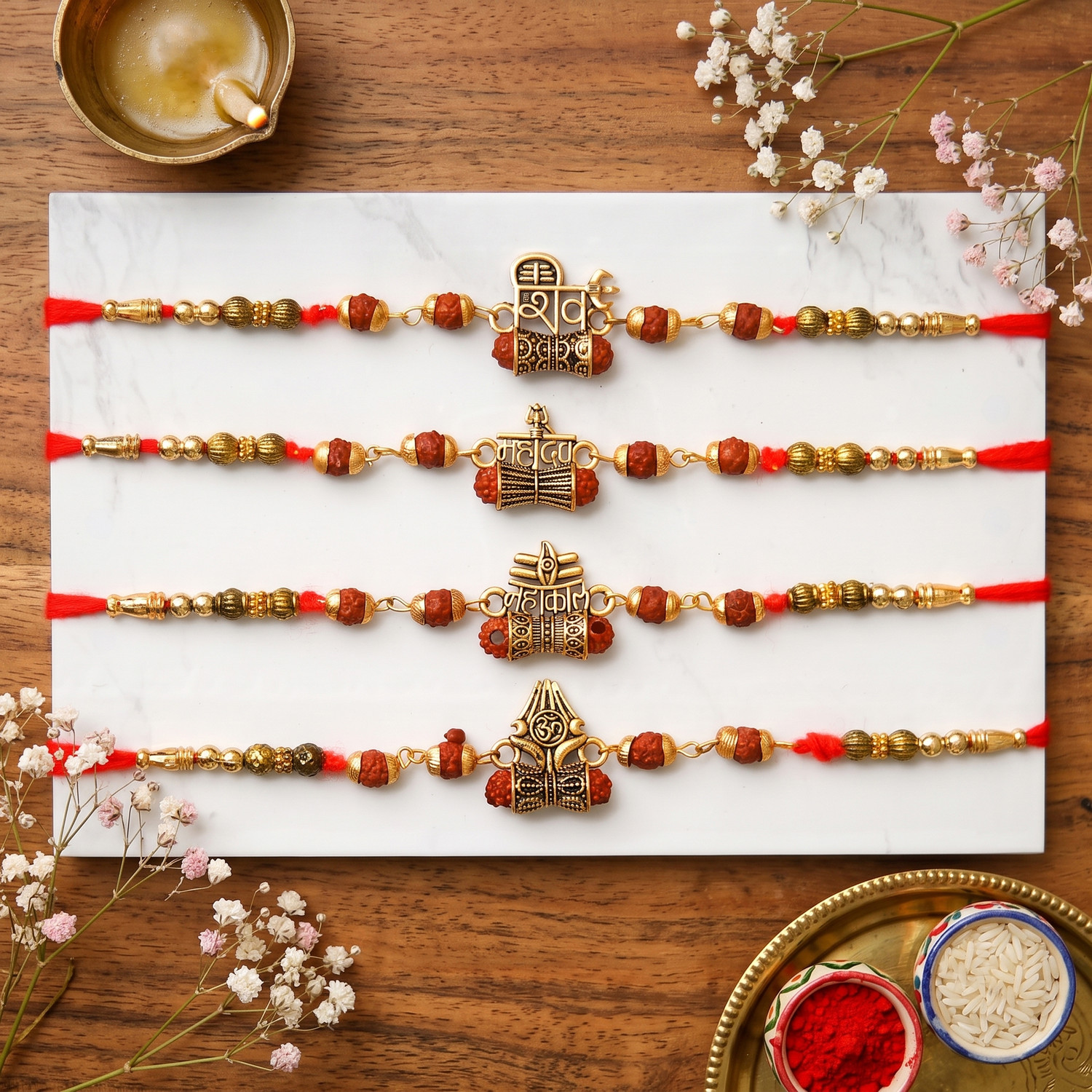 Image of Rudraksh 4 Monk Buddha With Beautiful 4 Rakhi Set Assorted Rakhi, Chawal Roli Pack, Greeting Card Set by PRIDE STORE
