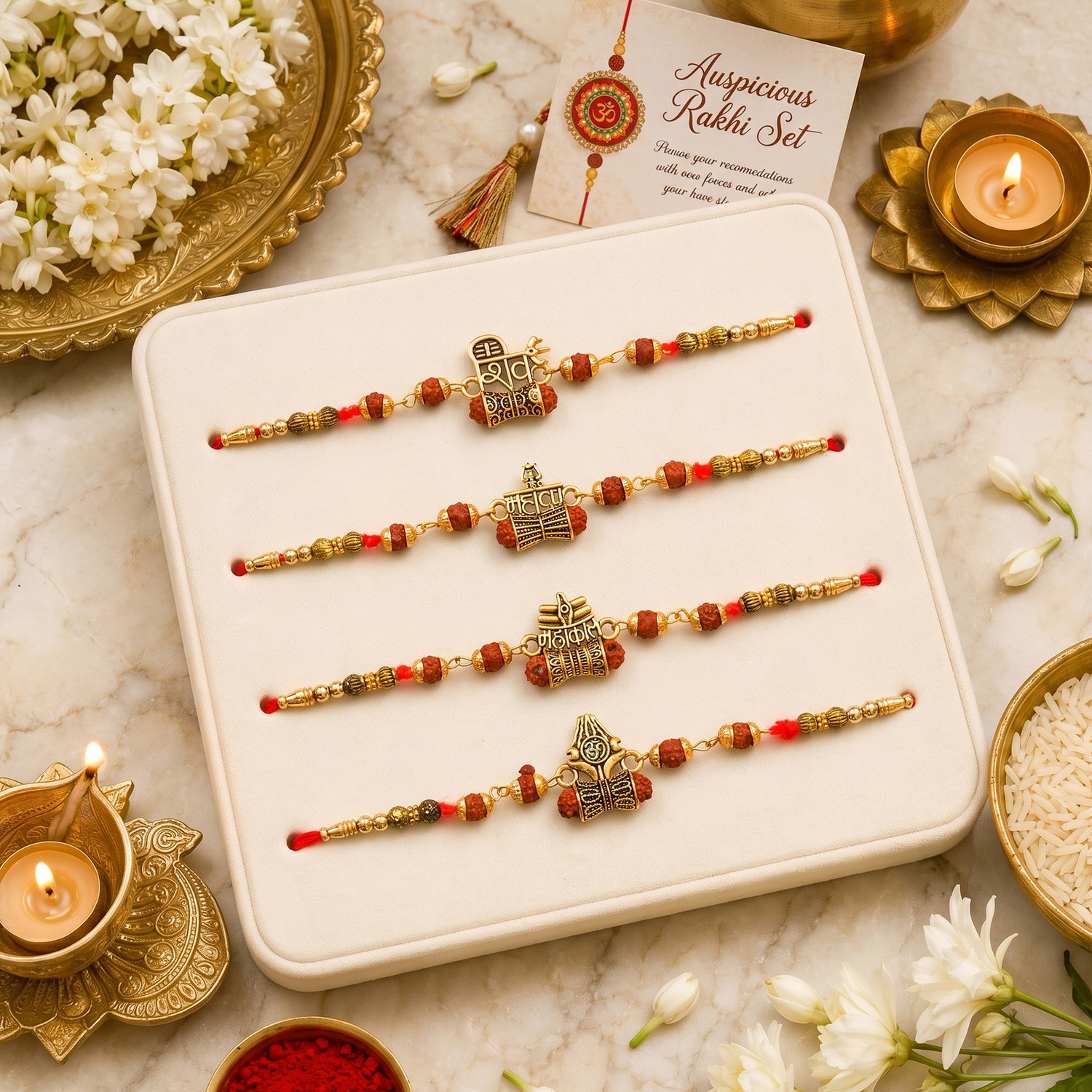 Image of Rudraksh 4 Monk Buddha With Beautiful 4 Rakhi Set Assorted Rakhi, Chawal Roli Pack, Greeting Card Set by PRIDE STORE
