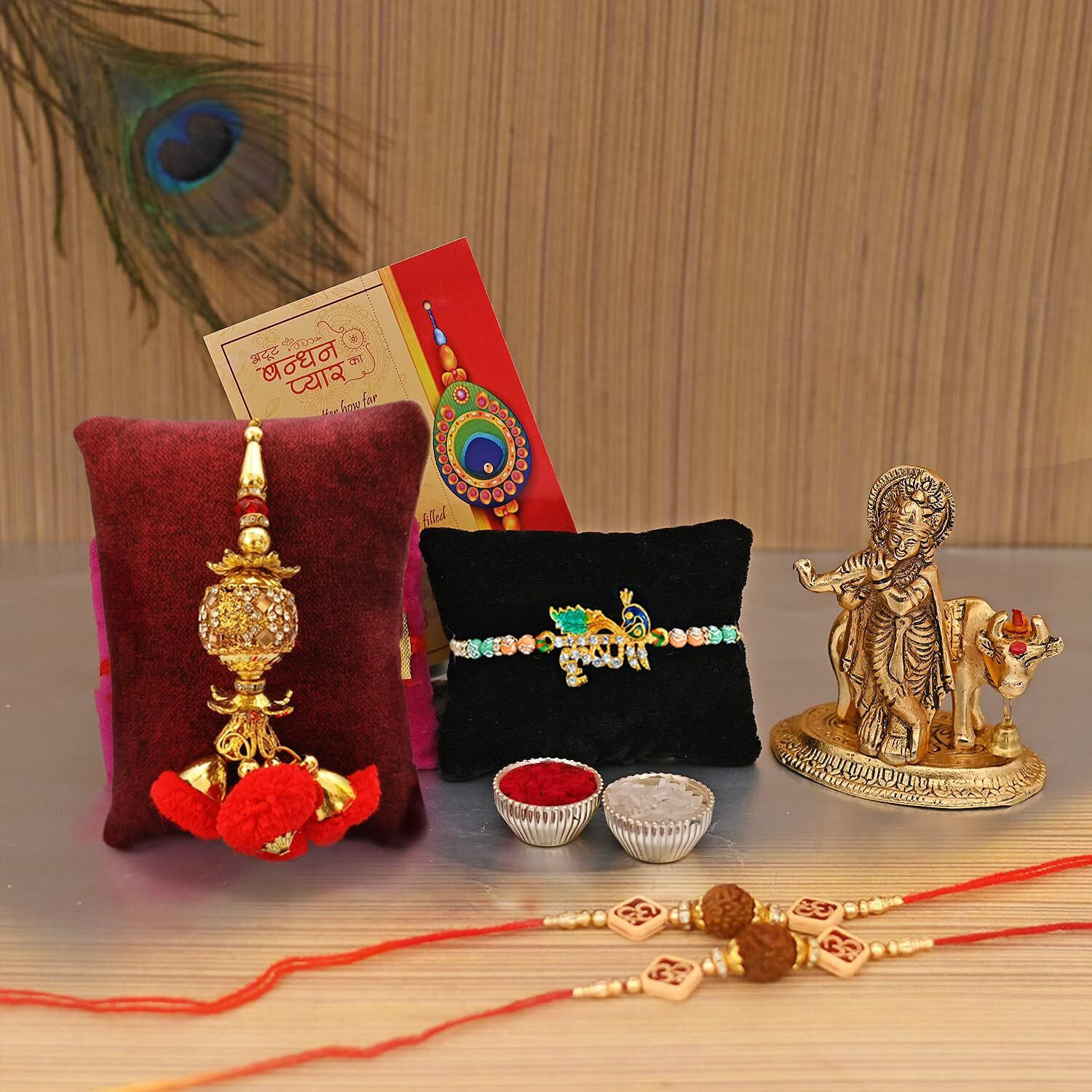 Image of Bhaiya Bhabhi KBS136-Combo Mauli Thread, Assorted, Pearl Lumba, Showpiece, Chawal Roli Pack, Rakhi, Greeting Card Set by Collectible India