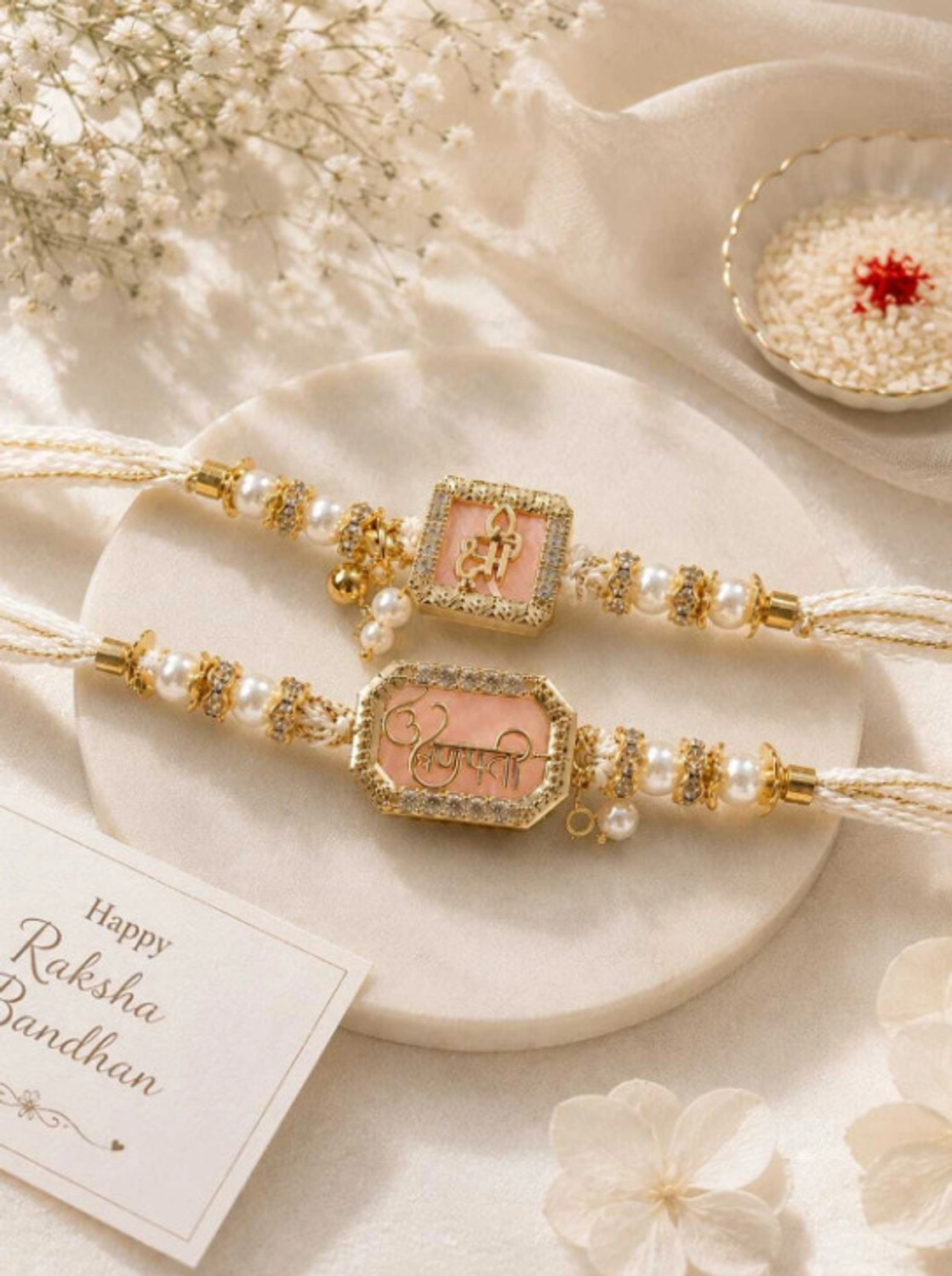 Image of Bhaiya Bhabhi RK-GOLD-PEARL-001 Kundan Bracelet, Rakhi Set by Algita
