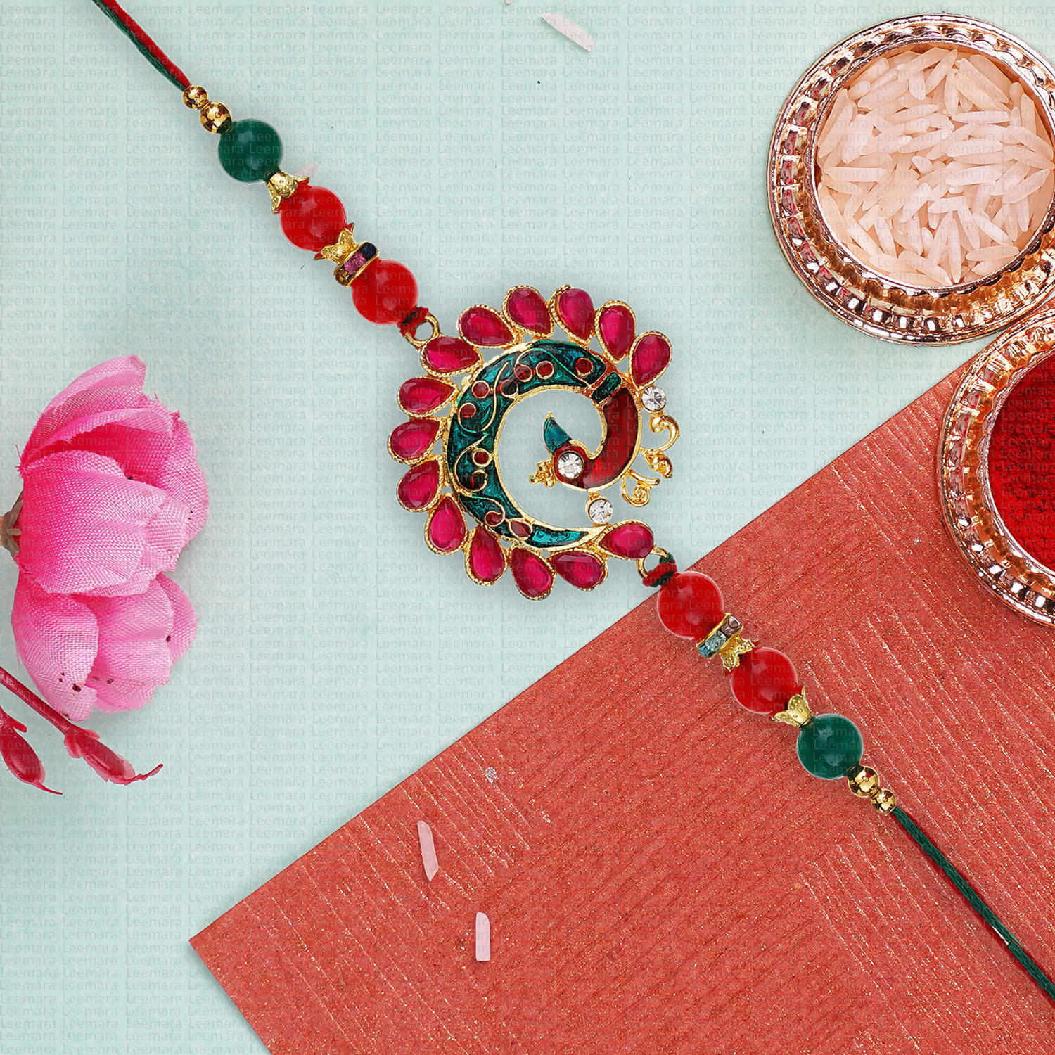 Image of Designer LMR-R-4-6-9 Mauli Thread, Gold Finish, Pearl, Kundan Rakhi, Chawal Roli Pack, Greeting Card Set by LEEMARA