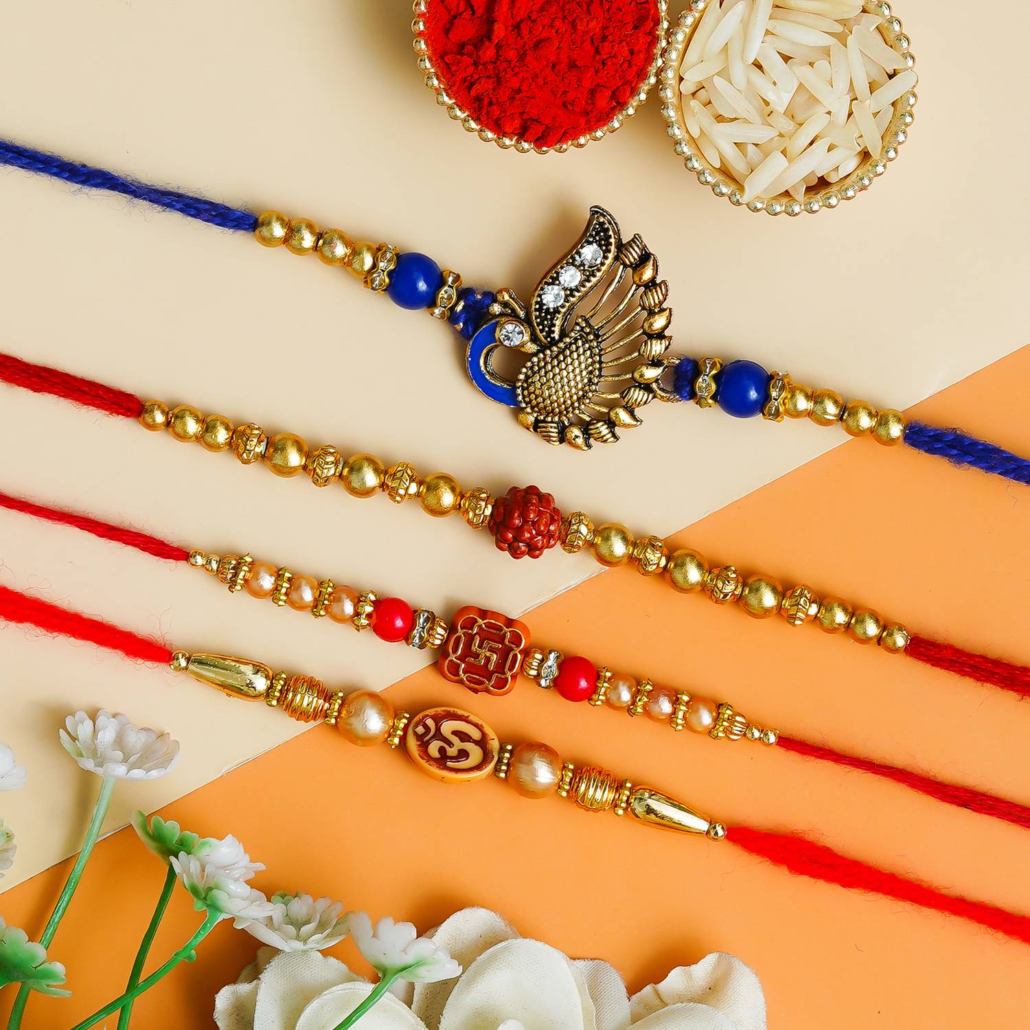 Designer Unique Rakhi (Pack of 04) Designer Rakhi Greeting Card, 1 Pack Roli chawal)2 Gold Finish Chawal Roli Pack Set by B S NATURAL