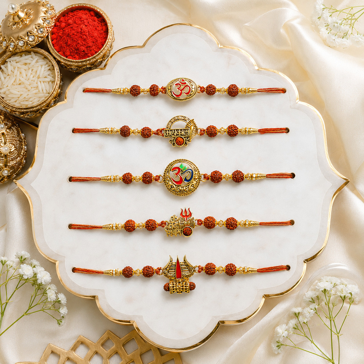 Image of Designer Rakhi-27 Assorted Rakhi, Chawal Roli Pack, Greeting Card Set by Dreamica