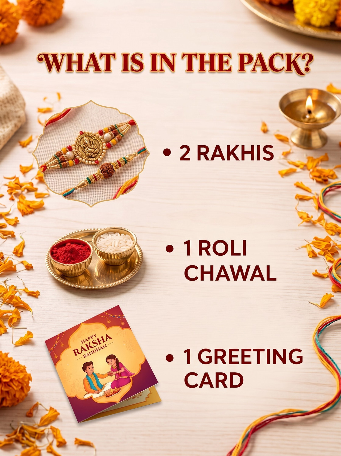 Image of Bhaiya Bhabhi Brass Elegant Ganesha Combo Rakhi for Brother Kids 147 Mauli Thread, Gold Finish, Pearl, Silver Rakhi, Greeting Card, Chawal Roli Pack Set by Meira Jewellery