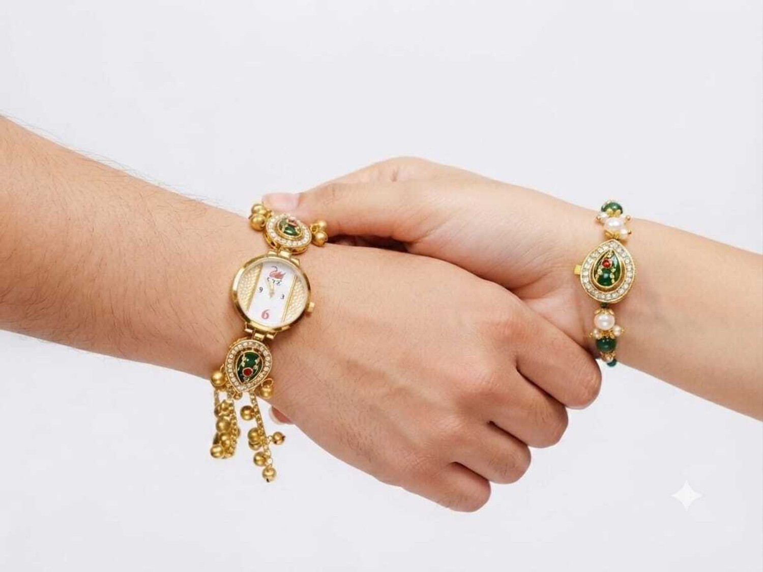 Image of Bhaiya Bhabhi Designer Green Swan Rakhi with Kashmiri Bracelet Watch Set Mauli Thread Watch Set by SHRINRVT ENTERPRISES