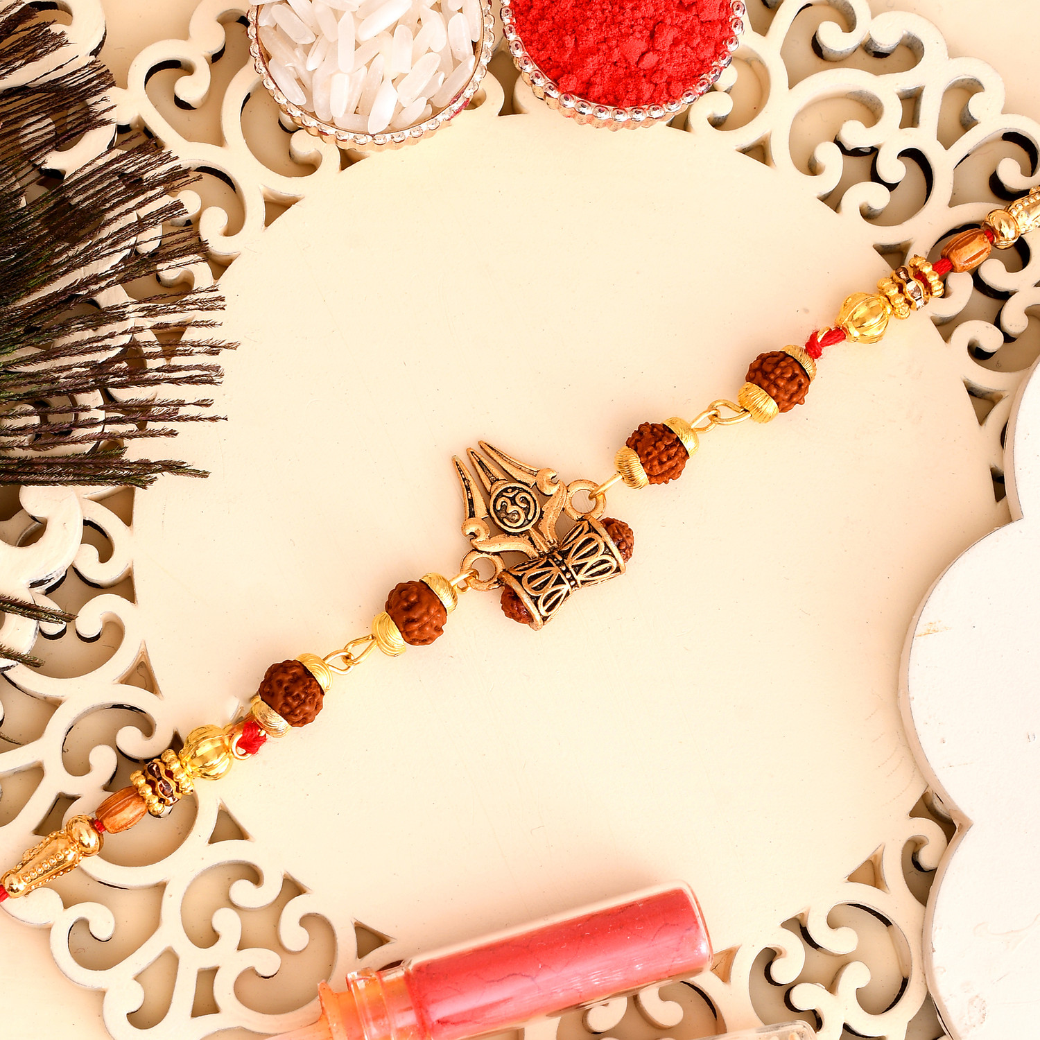 Image of Rudraksh Mahadev Mahakal Trishul Rudraksh Rakhi Set With Greeting Card Mauli Thread Rakhi, Chawal Roli Pack, Greeting Card Set by PRIDE STORE
