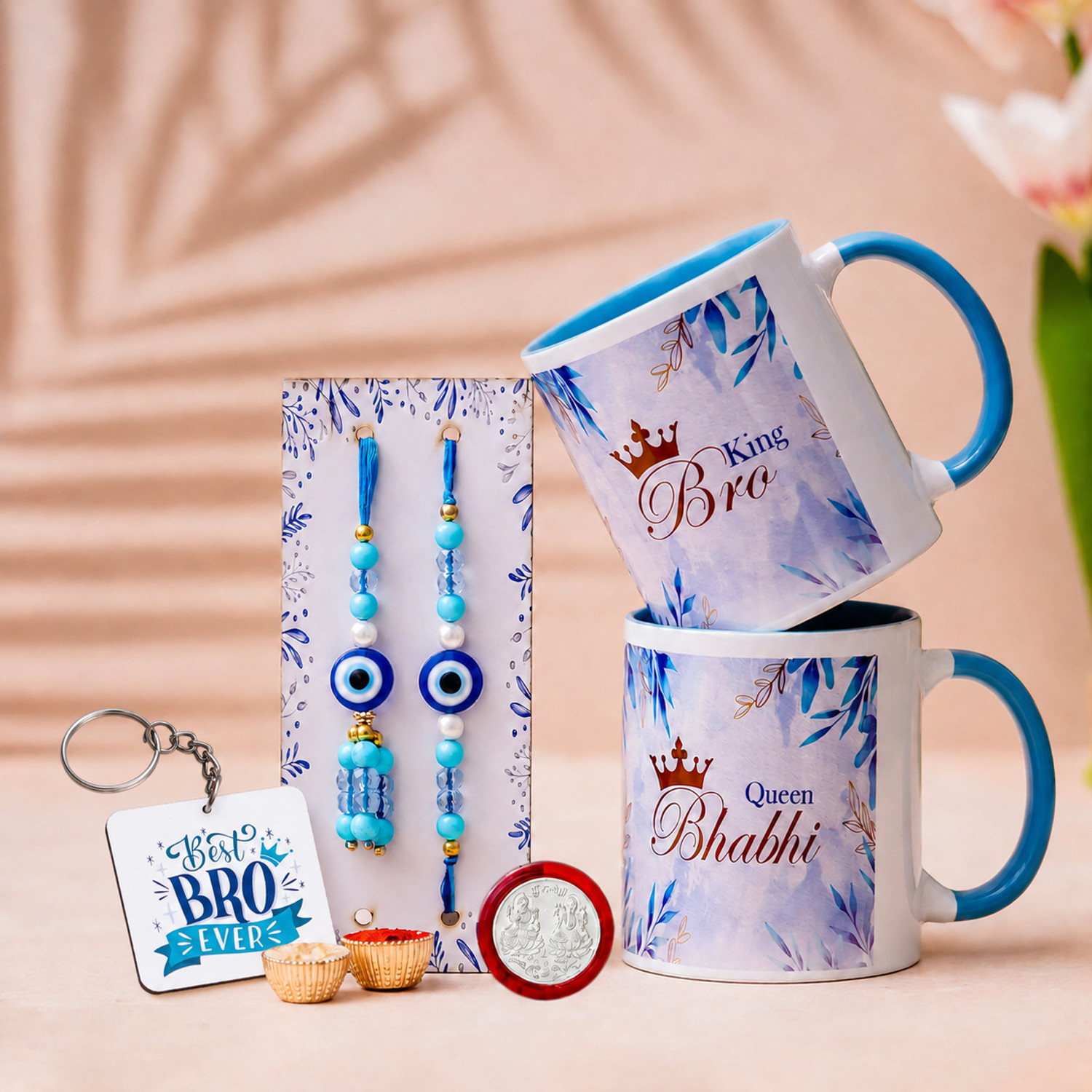 Image of Bhaiya Bhabhi Evil Eye Bhaiya Bhabhi Lumba Rakhi Combo With Ceremic Mugs and Chocolates Assorted Rakhi, Mug Set by Cadbury