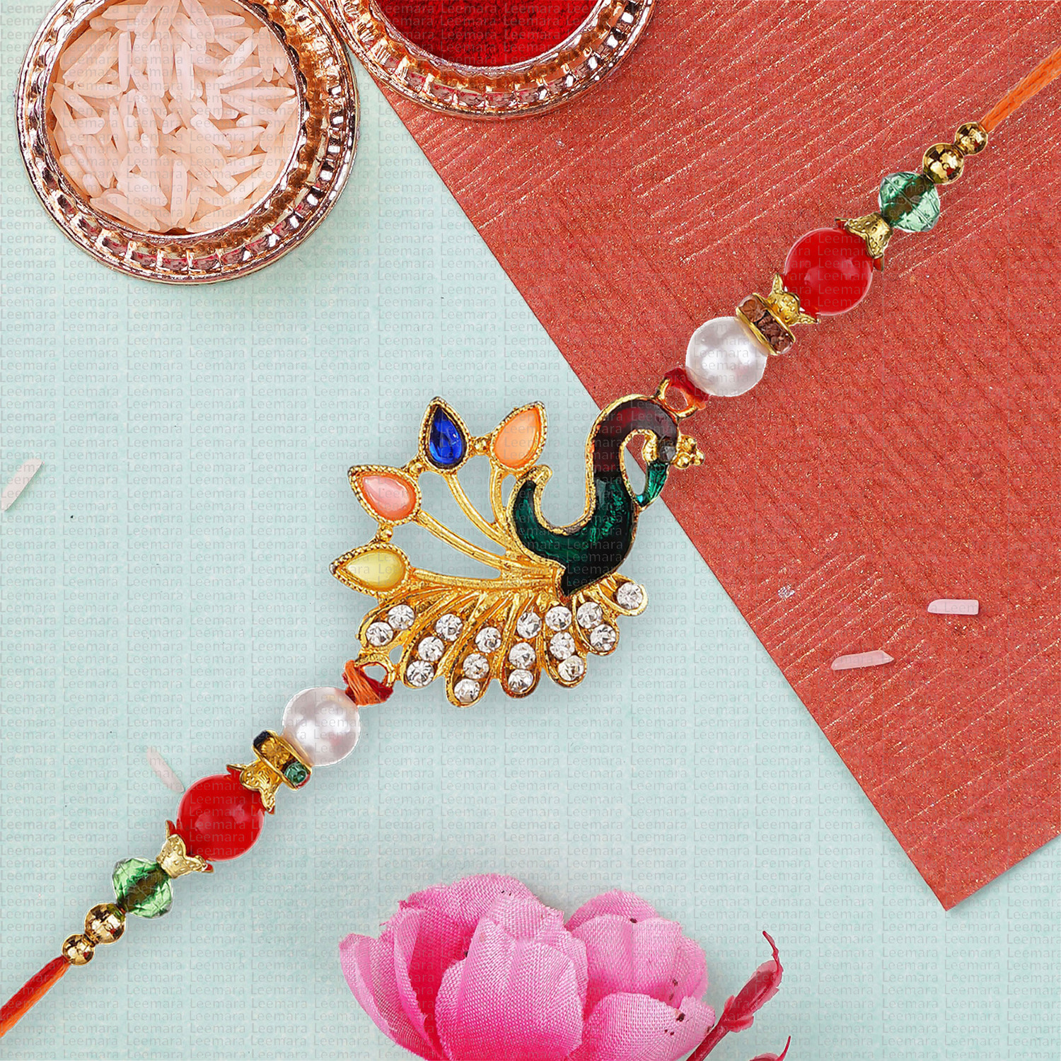 Image of Designer LMR-R-4-6-9 Mauli Thread, Gold Finish, Pearl, Kundan Rakhi, Chawal Roli Pack, Greeting Card Set by LEEMARA