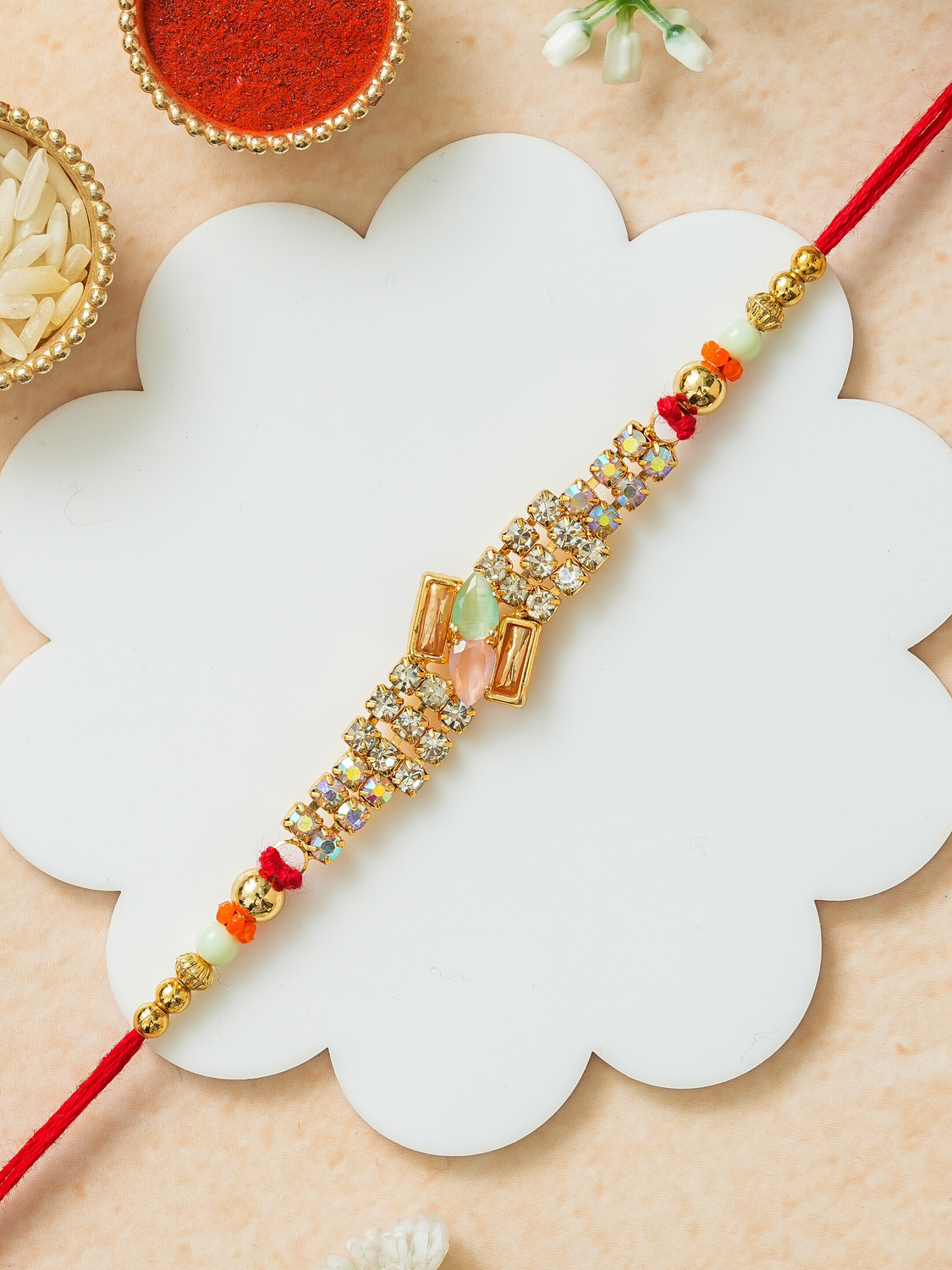 Image of Designer Rakhi For Brother Assorted Rakhi, Greeting Card, Chawal Roli Pack Set by Poorak