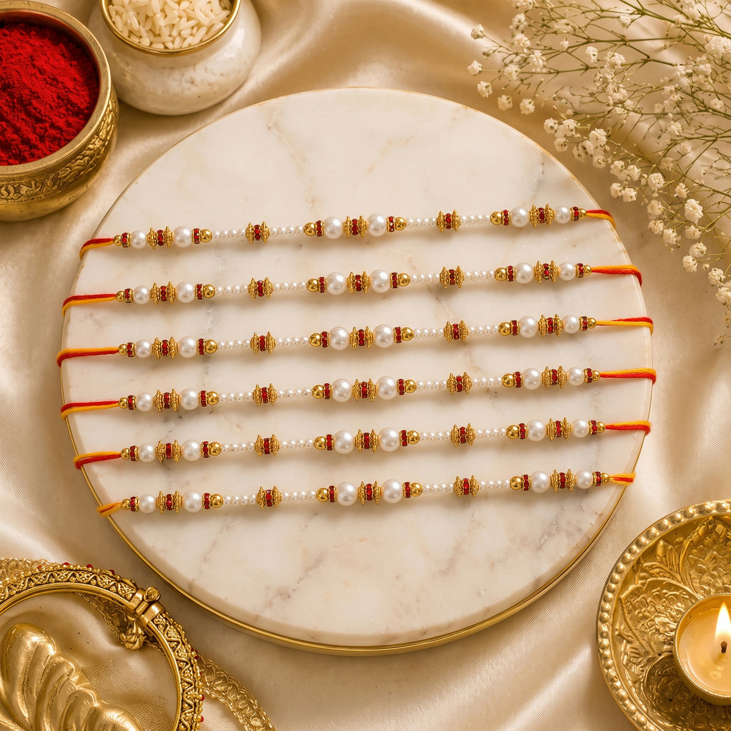 Image of Thread 4031-Pearl & Golden Beads Designer Rakhi for Brother Mauli Thread, Pearl Rakhi, Chawal Roli Pack, Greeting Card Set by PRIDE STORE