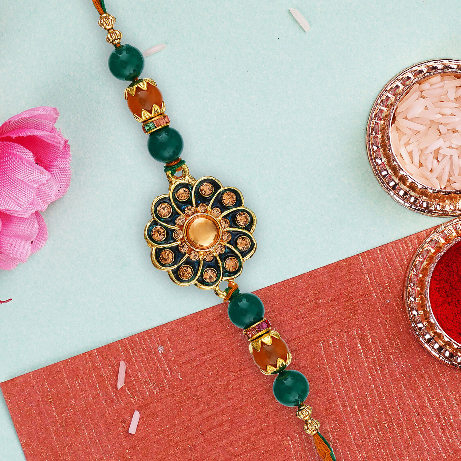 Image of Designer LMR-R-4-6-9 Mauli Thread, Gold Finish, Pearl, Kundan Rakhi, Chawal Roli Pack, Greeting Card Set by LEEMARA
