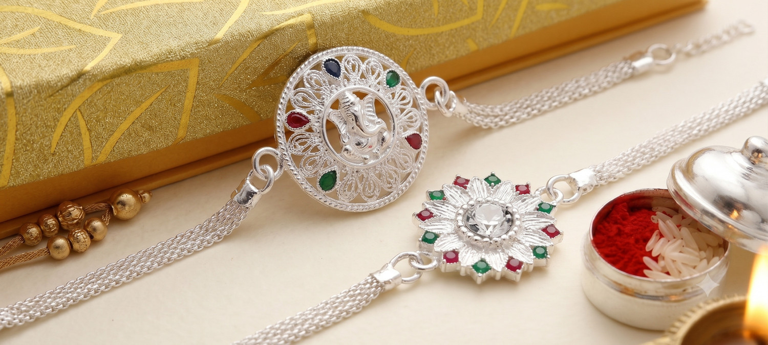 Image of Designer Religious Pure Silver Coated Floral Chain Combo Rakhi with Premium Gift Box Silver Rakhi by SamRoli