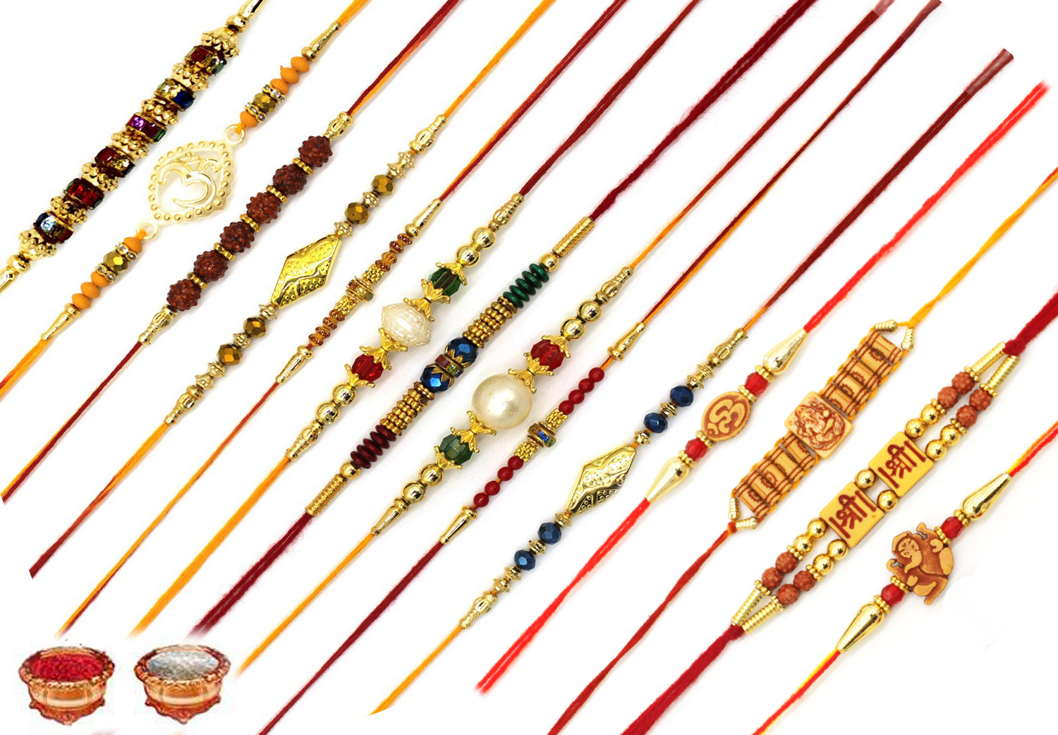 Image of Designer RK-N2+N4TON13-N15TO17-14P Mauli Thread Rakhi by BELLACRAZE