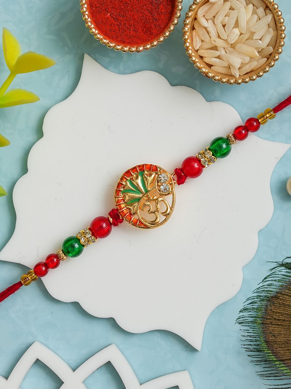 Image of Designer Rakhi For Brother Assorted Rakhi, Greeting Card, Chawal Roli Pack Set by Poorak