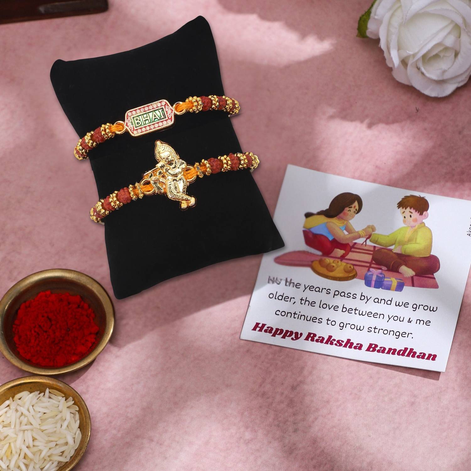 Religious Rakhi (Pack of 2) Bhai & Krishna | Roli Chawal | Card Gold Finish Greeting Card, Rakhi Set by Akaar