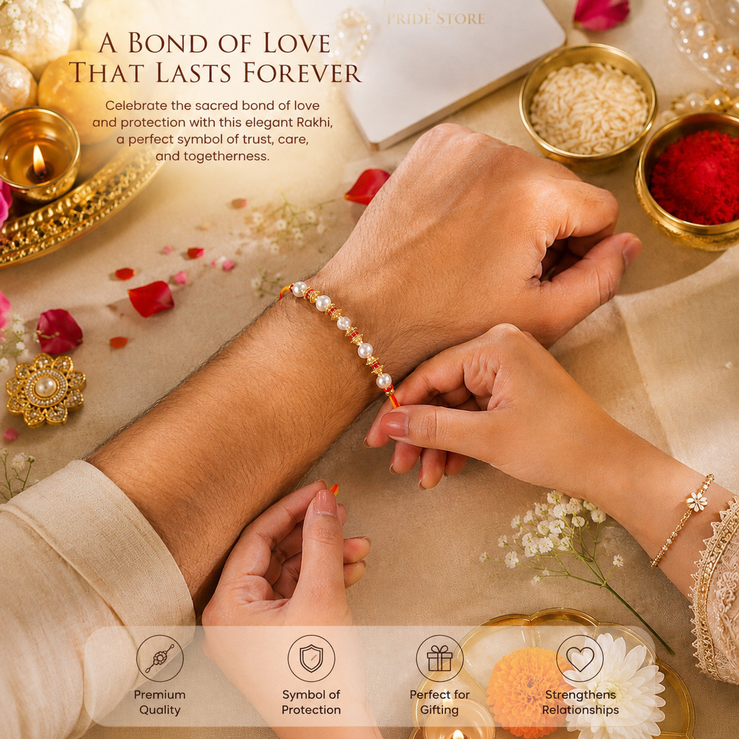 Image of Thread 4031-Pearl & Golden Beads Designer Rakhi for Brother Mauli Thread, Pearl Rakhi, Chawal Roli Pack, Greeting Card Set by PRIDE STORE