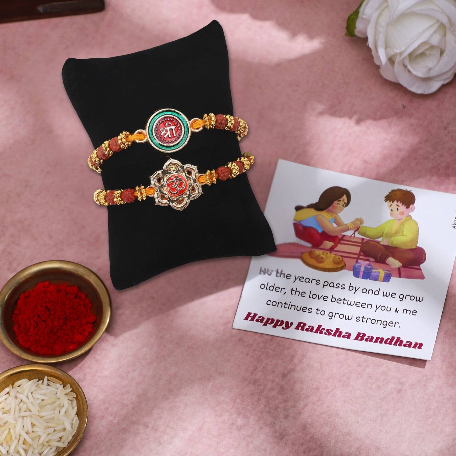 Religious Rakhi (Pack of 2) Om (Flower) & Shree | Roli Chawal | Card Gold Finish Greeting Card, Rakhi Set by Akaar