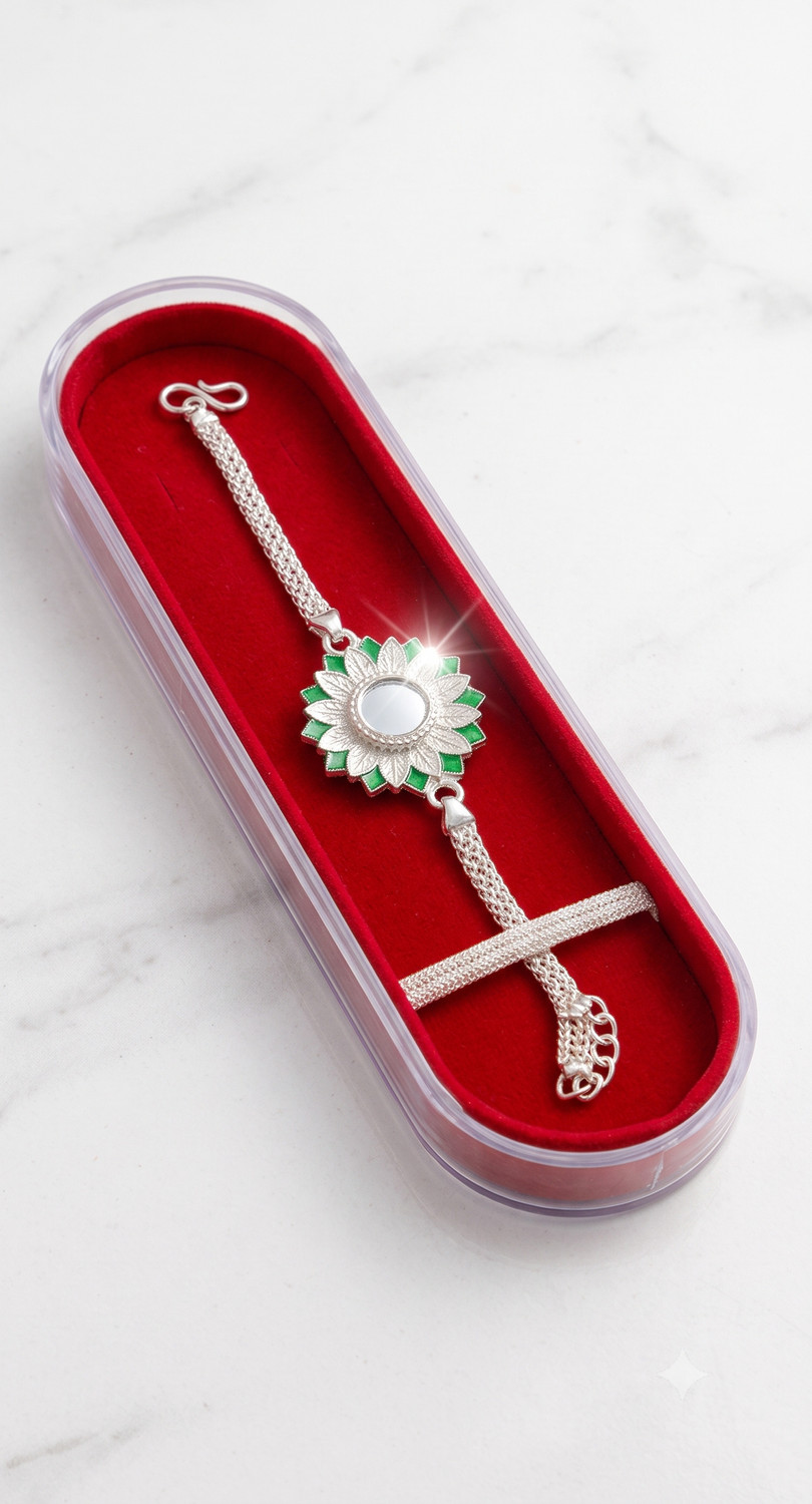 Image of Bracelet Silver Plated Flower Design Rakhi with Transparent Lid Velvet Cushion Gift Box Silver Rakhi by SamRoli