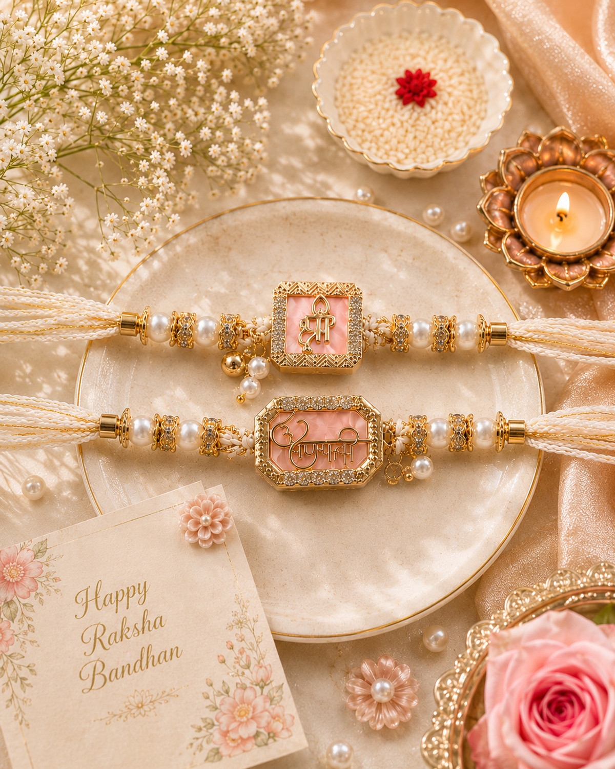 Image of Bhaiya Bhabhi RK-GOLD-PEARL-001 Kundan Bracelet, Rakhi Set by Algita
