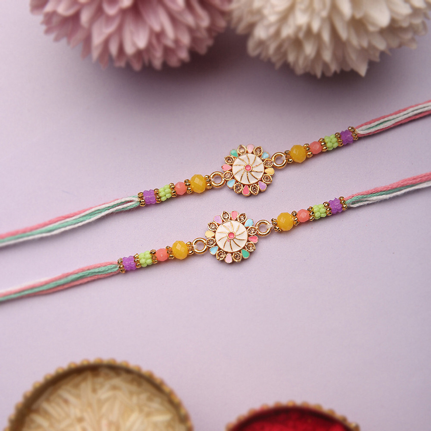 Image of Religious Multicolor Flower Rakhi for brother-D55 Mauli Thread Rakhi, Chawal Roli Pack Set by Local Charm