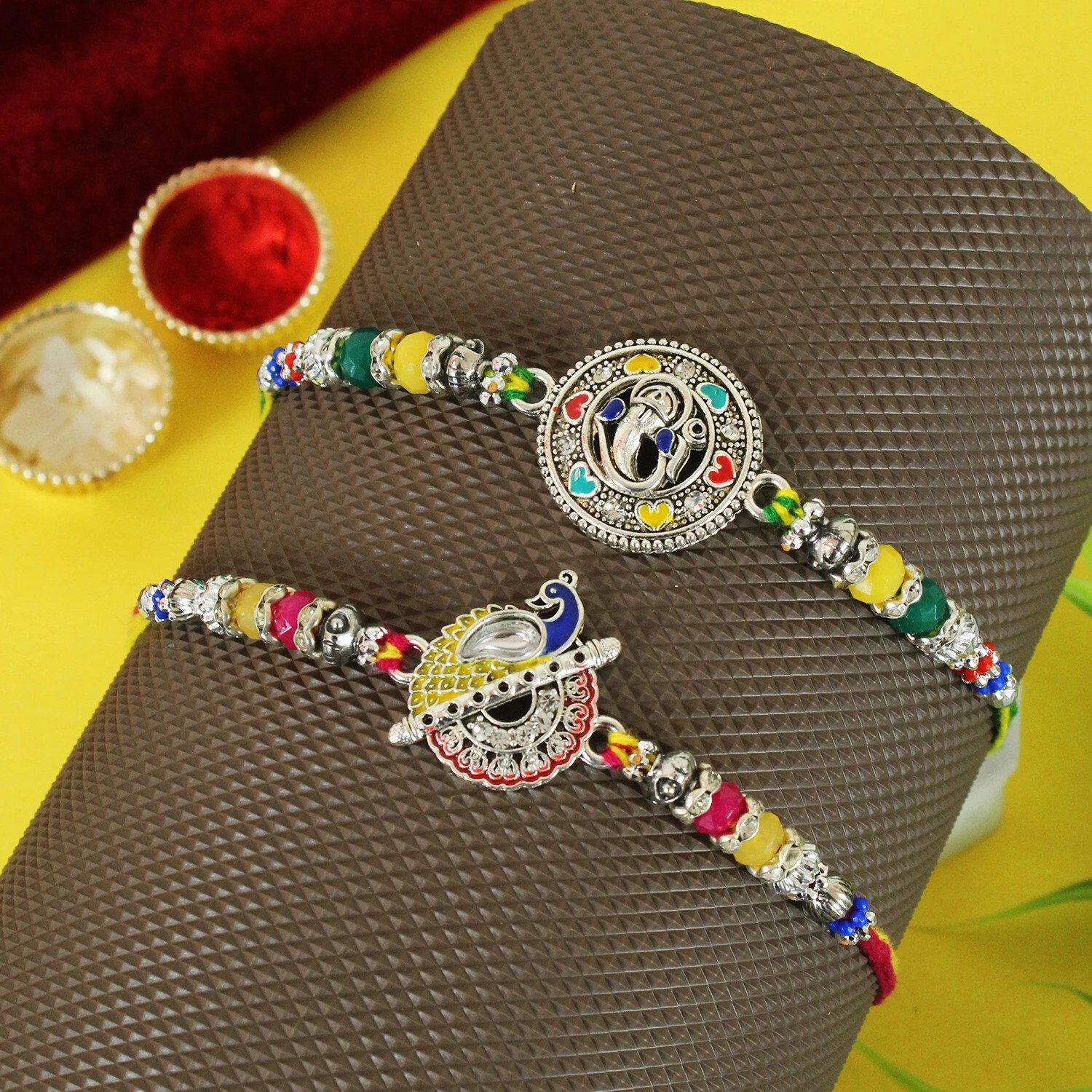 Image of Religious TR-RB23-Bro-Setof2Rakhi-NK006 Assorted Rakhi, Greeting Card, Chawal Roli Pack Set by TIED RIBBONS