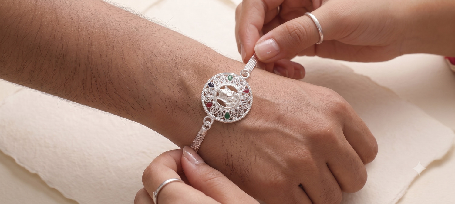Image of Designer Religious Pure Silver Coated Floral Chain Combo Rakhi with Premium Gift Box Silver Rakhi by SamRoli