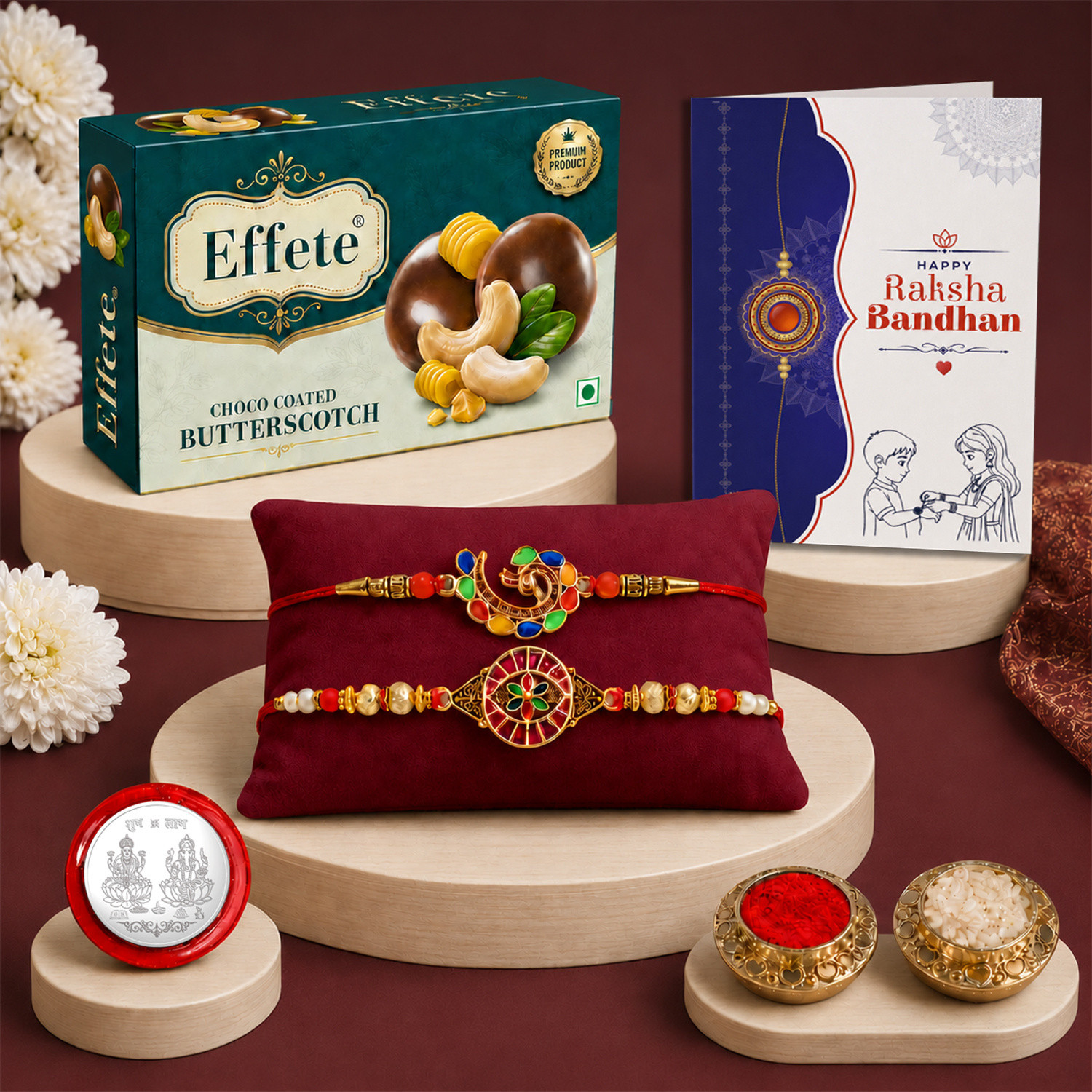 Image of Designer Rakhi Combo Gift Set for Brother |Butterscotch 32Gm|Chocolate|Y22K2 271+519 BS32 Assorted Rakhi, Greeting Card, Coins, Chawal Roli Pack Set by DeoDap