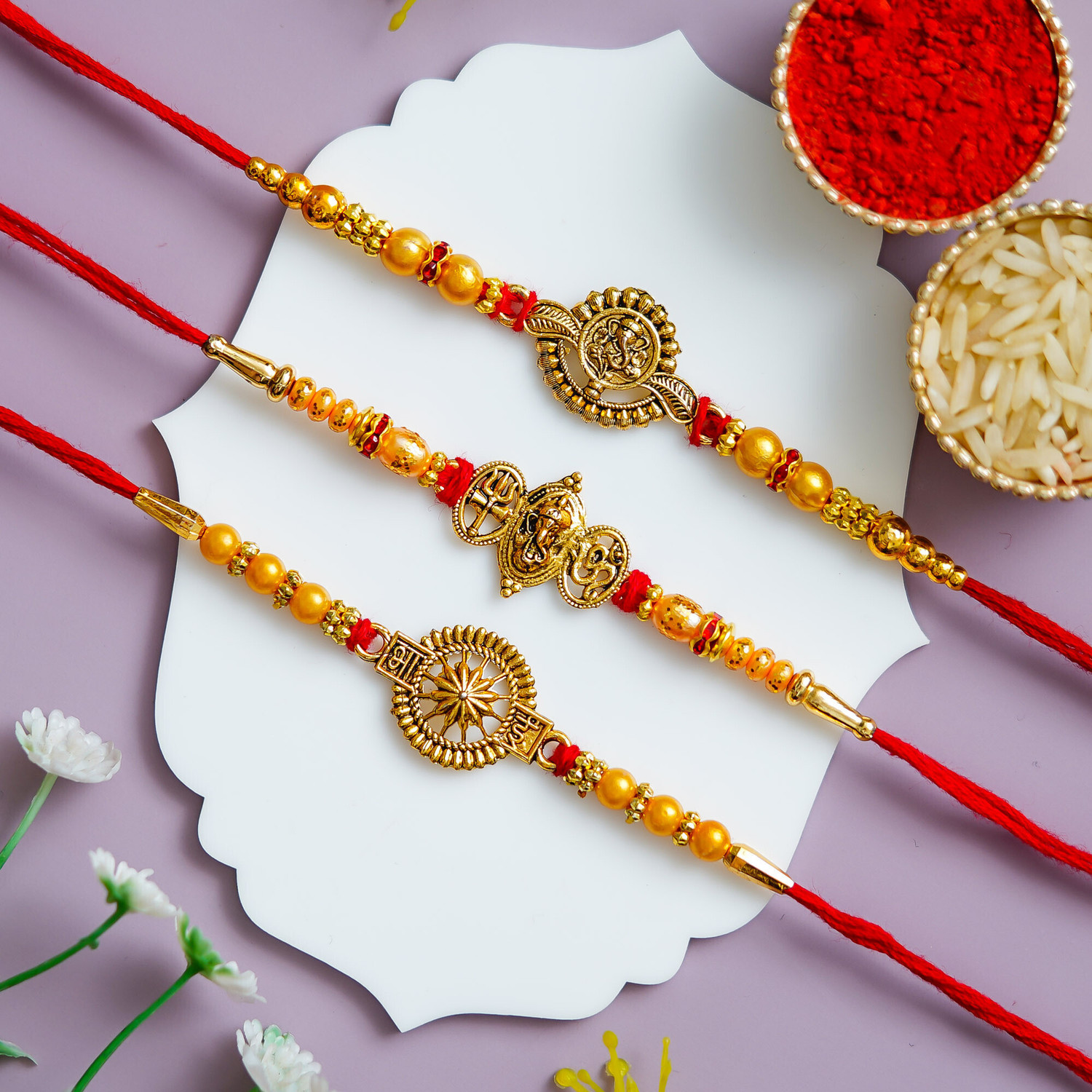 Image of Religious 3RAKHISET 5 Gold Finish Rakhi by Poorak