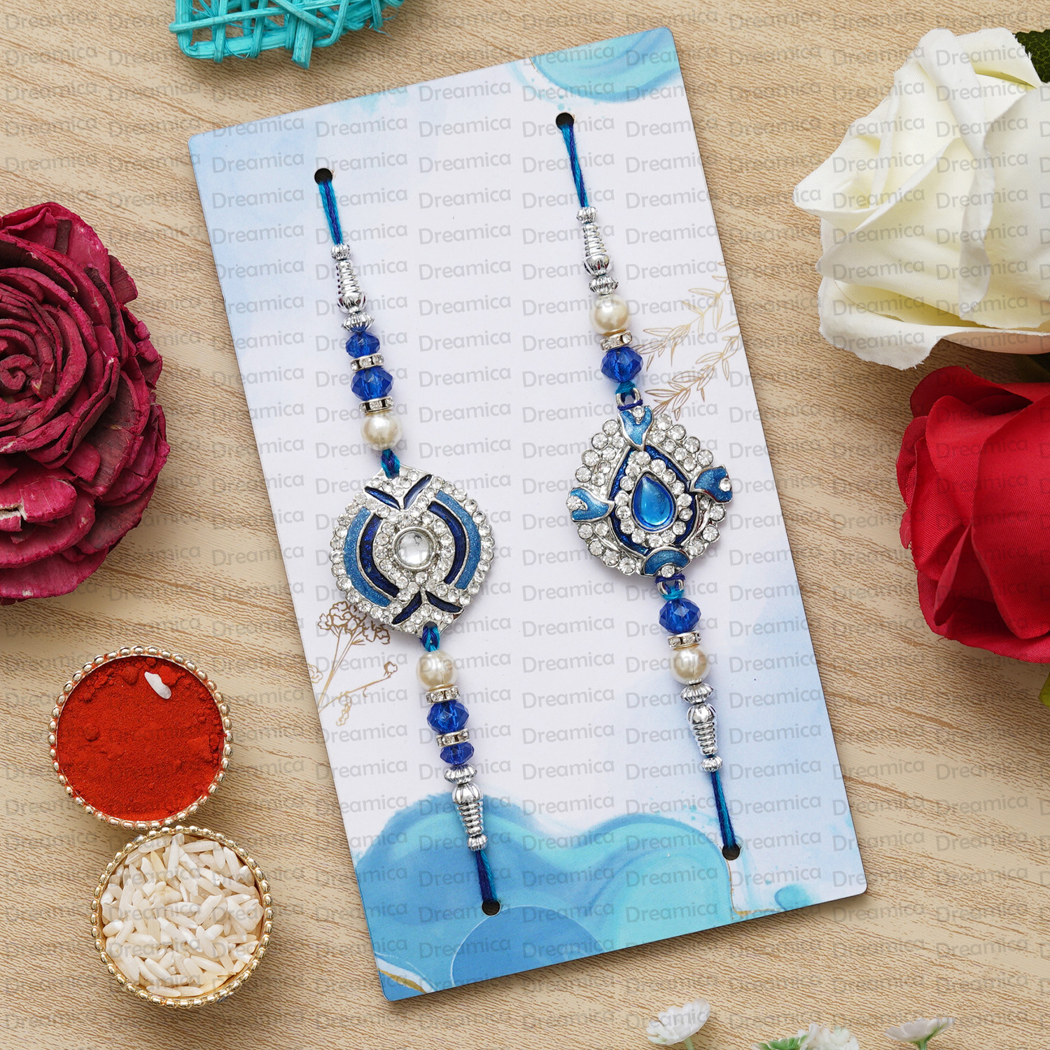 Image of Designer DRM-RAKHI-5118 Assorted Rakhi, Showpiece, Chawal Roli Pack, Greeting Card Set by Dreamica