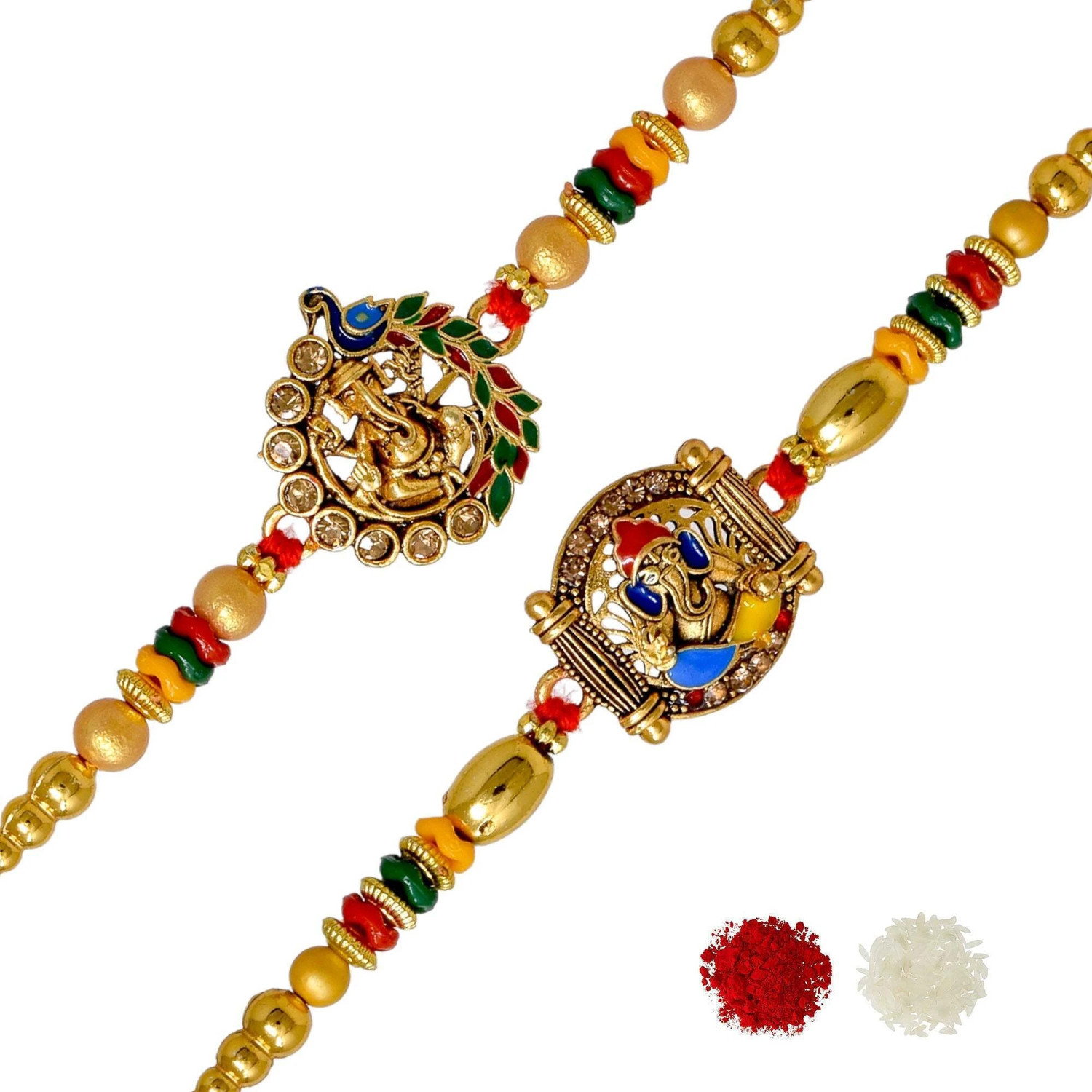 Image of Bhaiya Bhabhi Brass Elegant Ganesha Combo Rakhi for Brother Kids 147 Mauli Thread, Gold Finish, Pearl, Silver Rakhi, Greeting Card, Chawal Roli Pack Set by Meira Jewellery