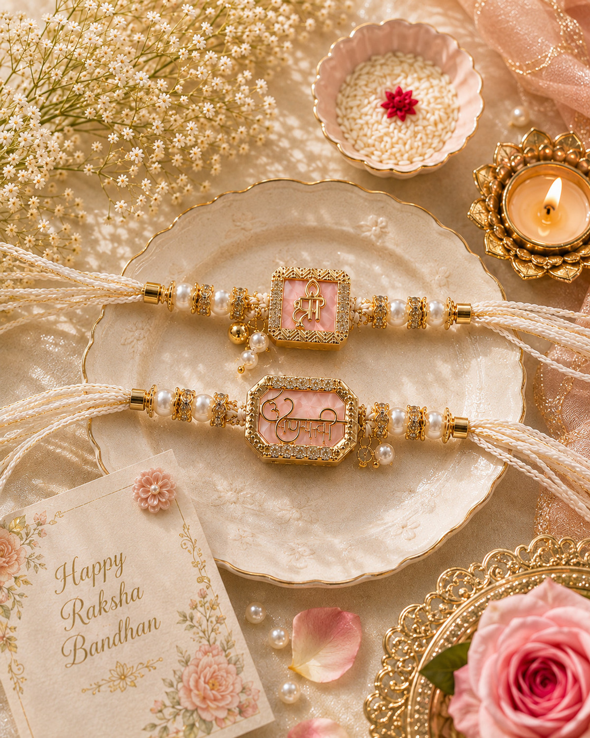 Image of Bhaiya Bhabhi RK-GOLD-PEARL-001 Kundan Bracelet, Rakhi Set by Algita