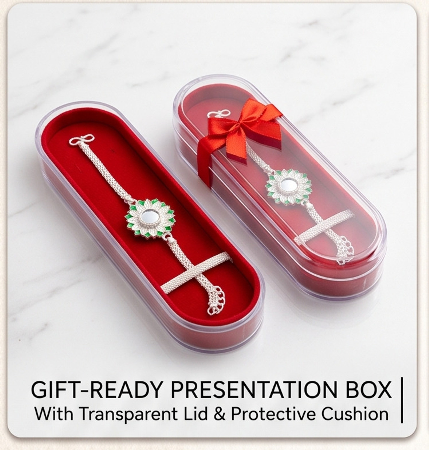 Image of Bracelet Silver Plated Flower Design Rakhi with Transparent Lid Velvet Cushion Gift Box Silver Rakhi by SamRoli